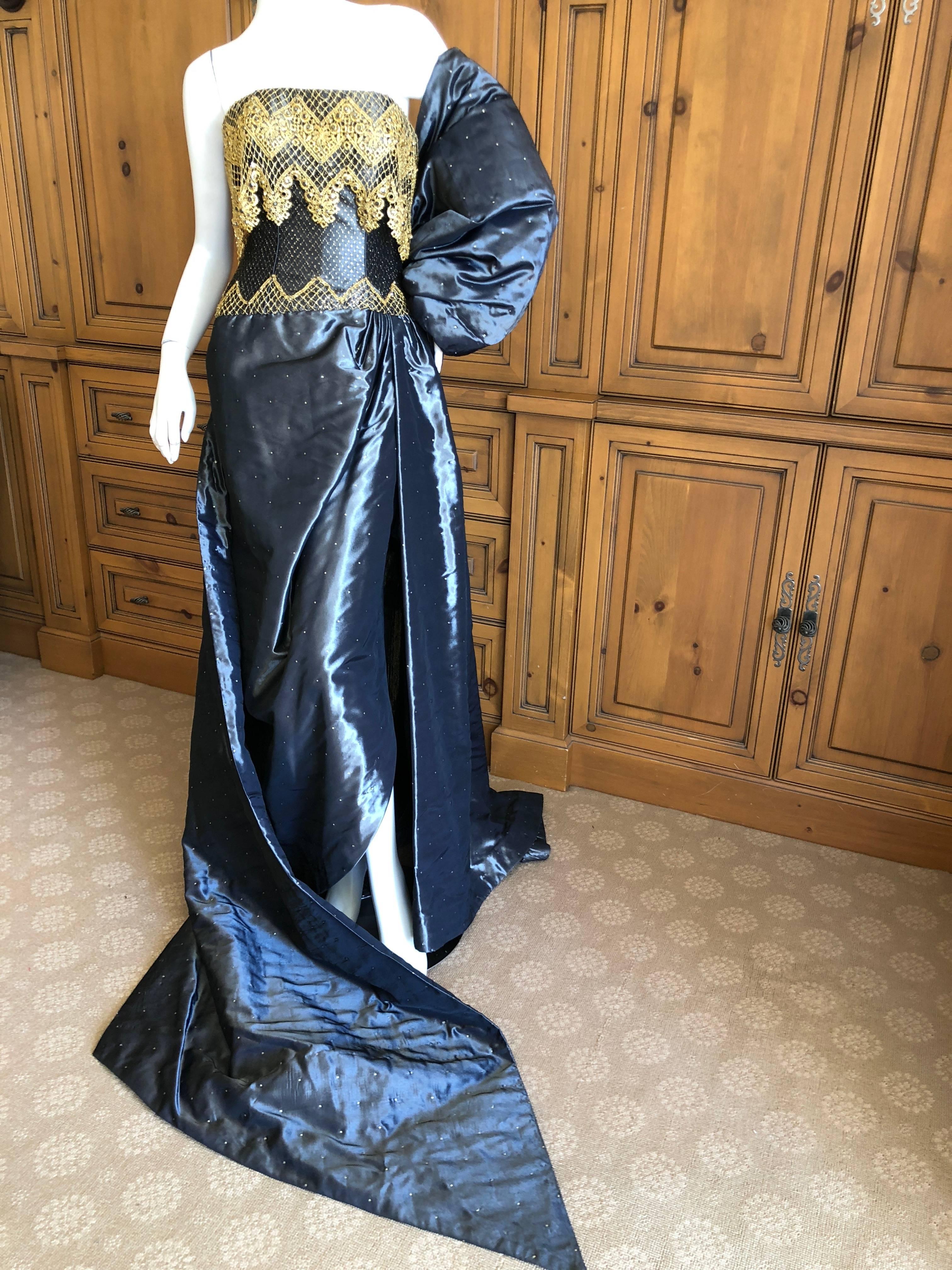 Bob Mackie Silk Strapless Gold Lace Adorned Evening Dress and Cape Coat, 1980s 5