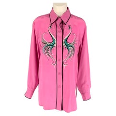 BOB MACKIE Size 8 Pink Black Silk Embroidered Button Up Shirt