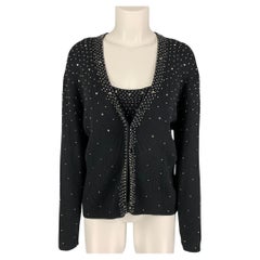 BOB MACKIE Size L Black Cotton Rhinestones V-Neck 2 Piece Cardigan Set