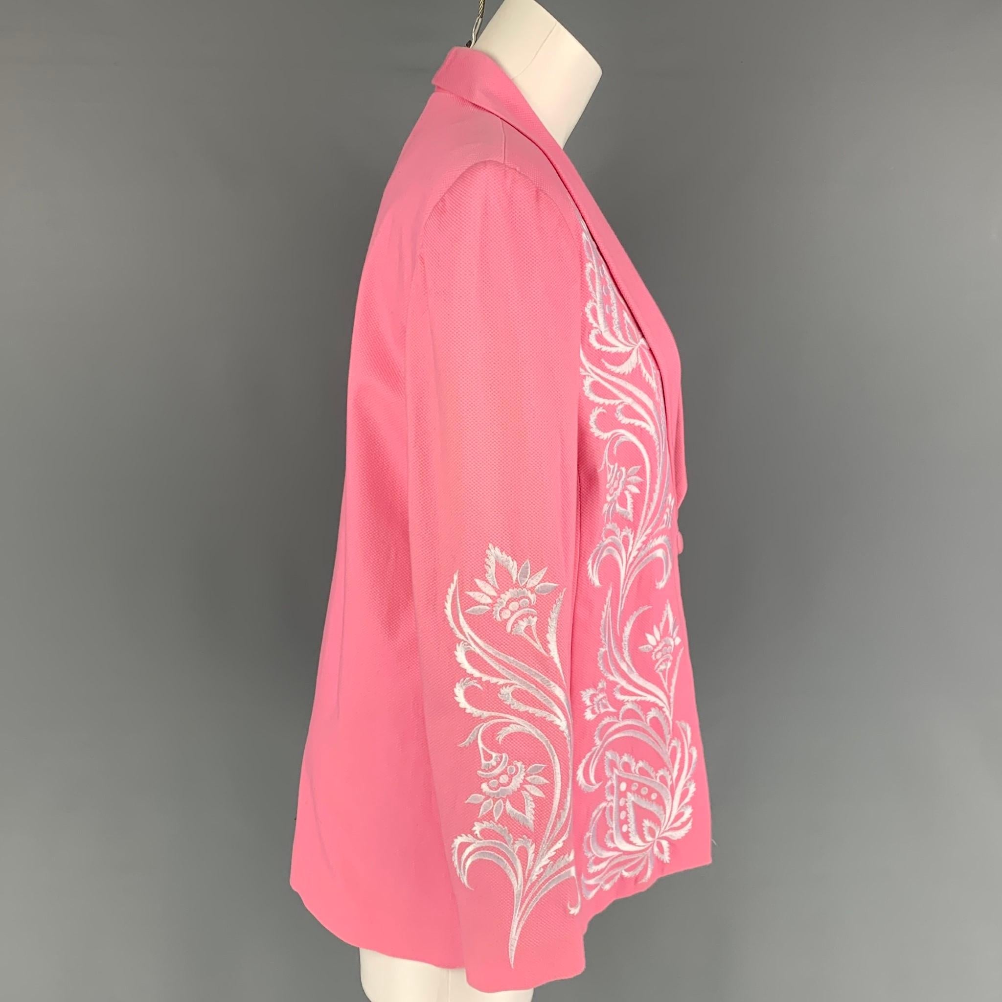 BOB MACKIE jacket blazer comes in a pink cotton with a full liner featuring a shawl collar, white embroidered designs, and a single button closure. 

New With Tags. 
Marked: S

Measurements:

Shoulder: 16 in.
Bust: 38 in.
Sleeve: 24 in.
Length: 27