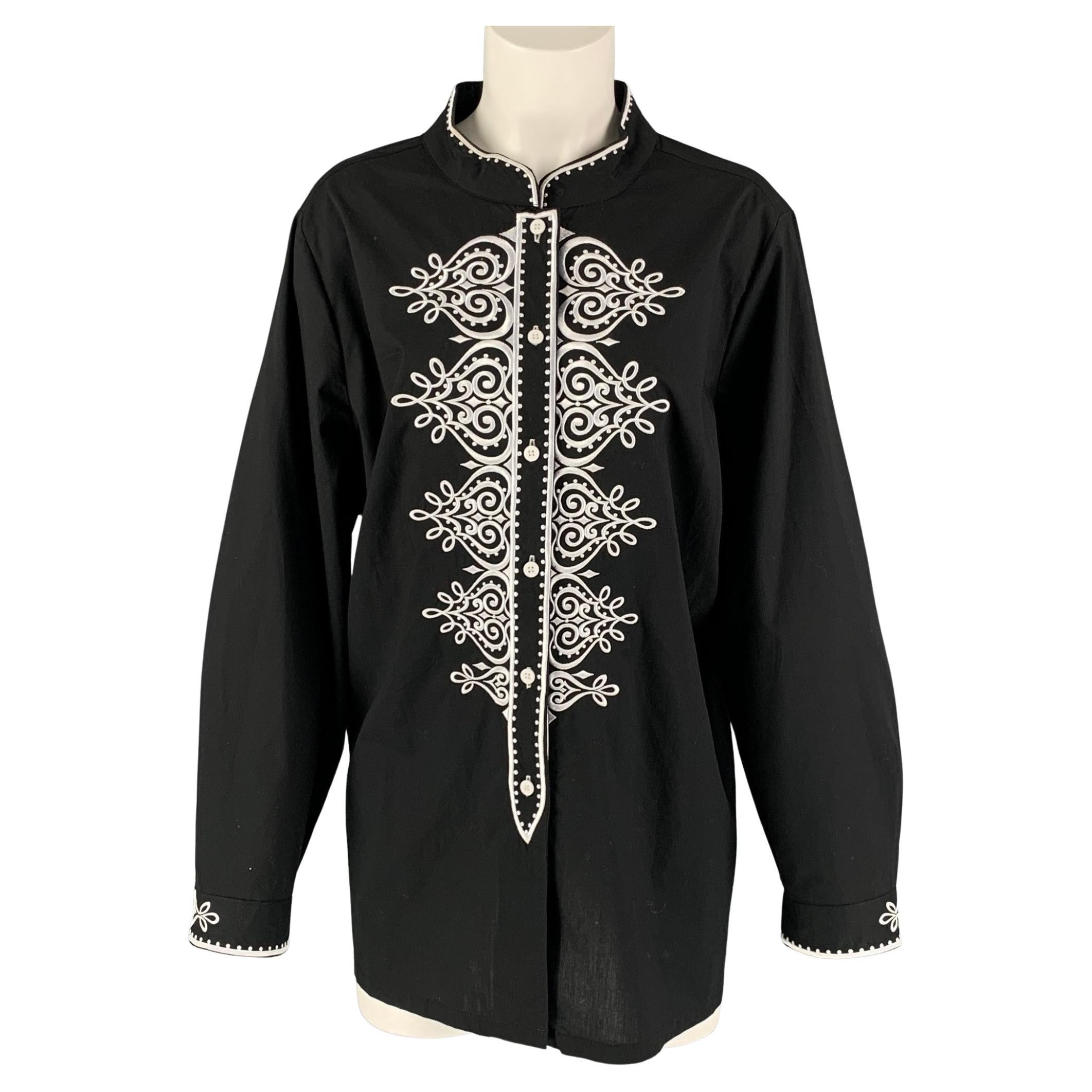BOB MACKIE Size XXL Black & White Cotton and Polyester Embroidered Blouse