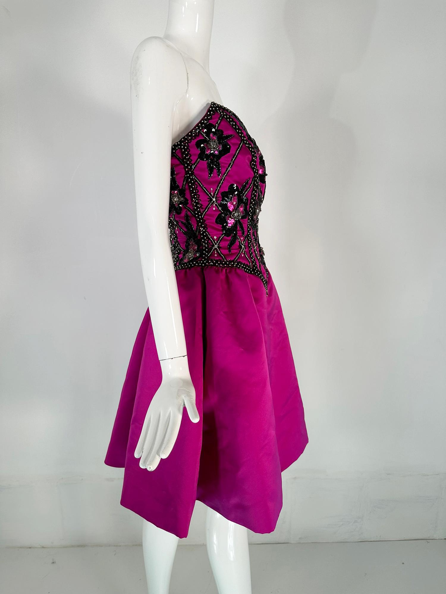 Bob Mackie Strapless Beaded Bodice Semi Full Skirt Evening Dress in Fuchsia 6  For Sale 5