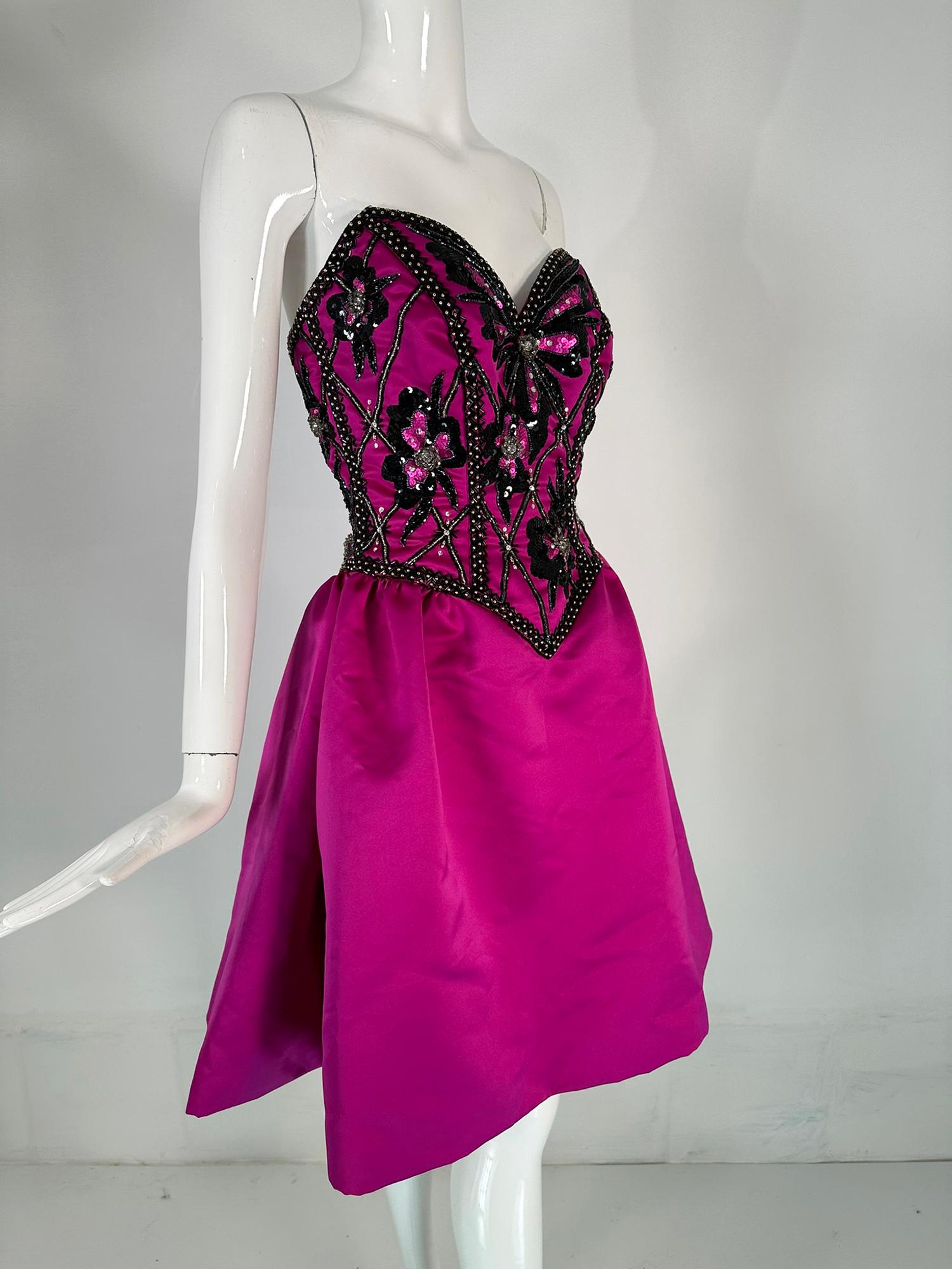 Bob Mackie Strapless Beaded Bodice Semi Full Skirt Evening Dress in Fuchsia 6  For Sale 6