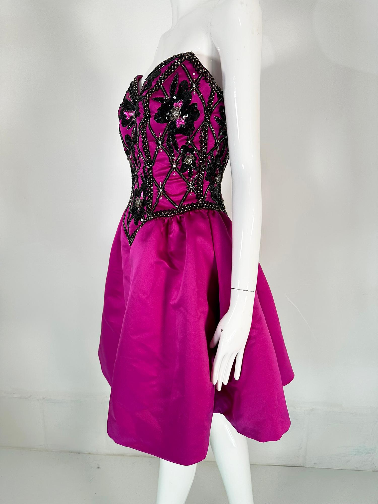 Purple Bob Mackie Strapless Beaded Bodice Semi Full Skirt Evening Dress in Fuchsia 6  For Sale