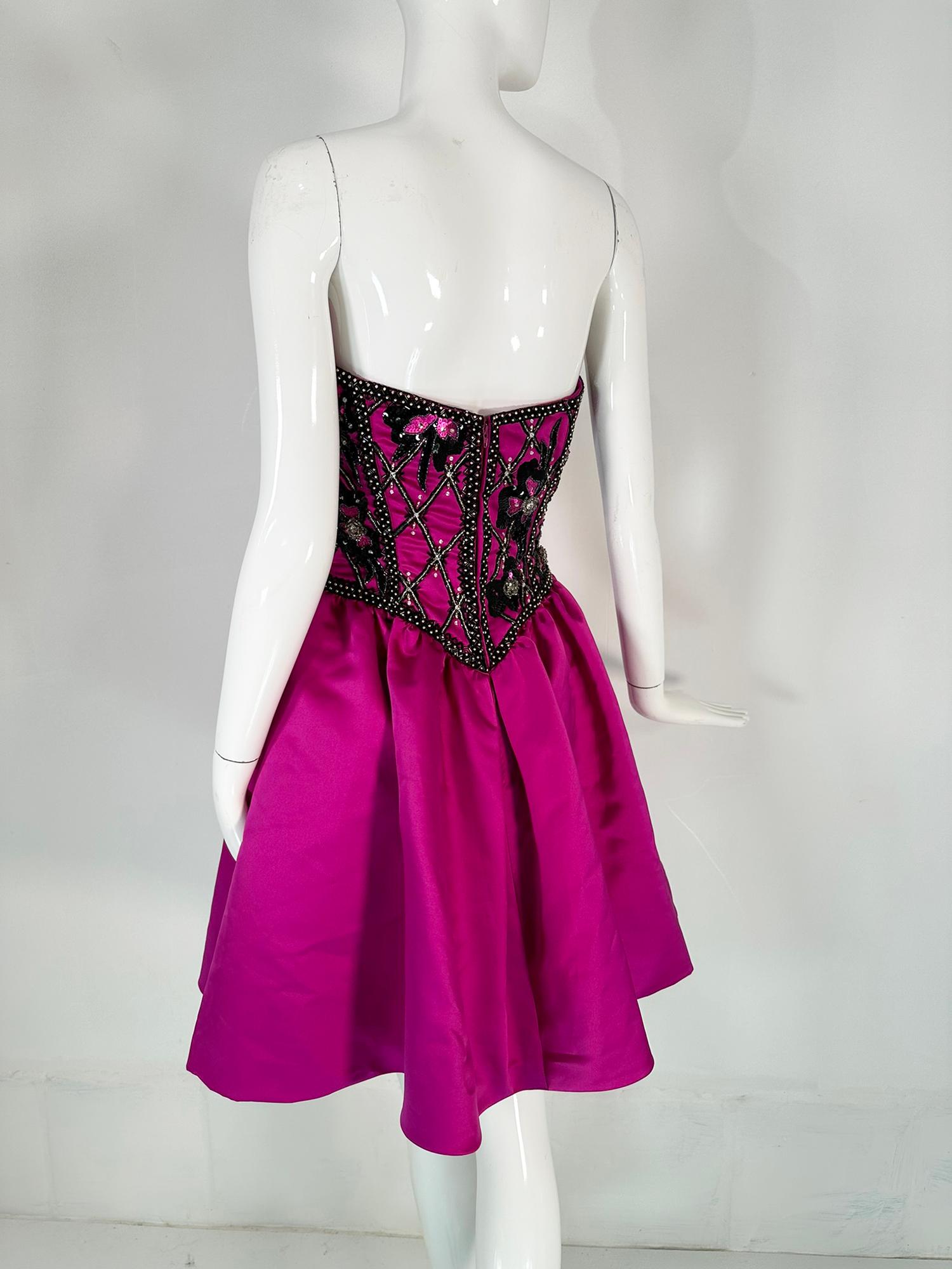 Bob Mackie Strapless Beaded Bodice Semi Full Skirt Evening Dress in Fuchsia 6  For Sale 1