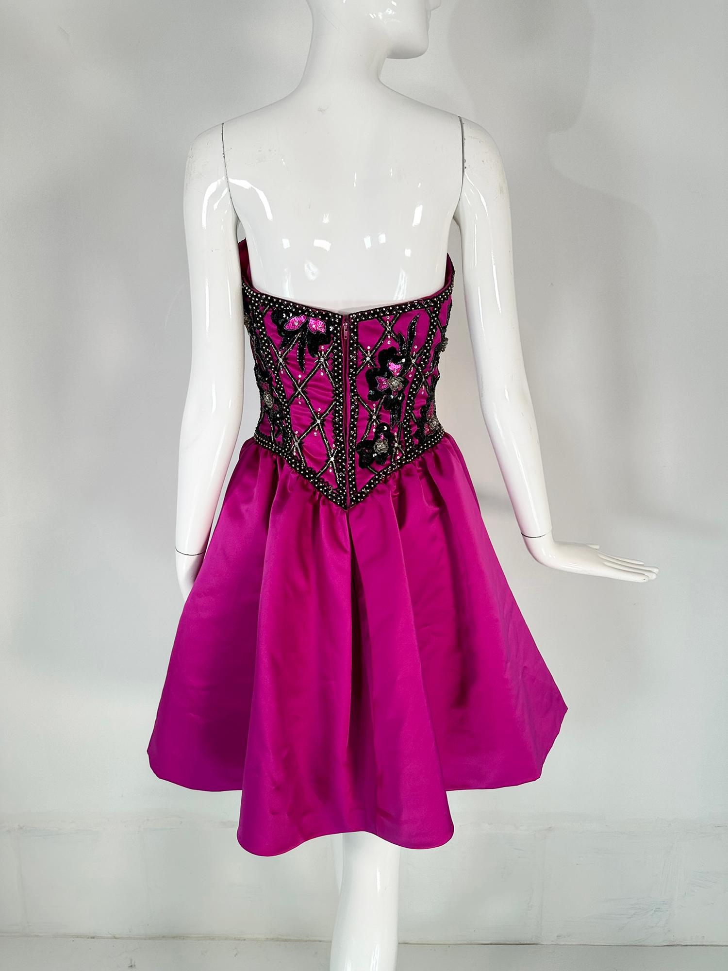 Bob Mackie Strapless Beaded Bodice Semi Full Skirt Evening Dress in Fuchsia 6  For Sale 2