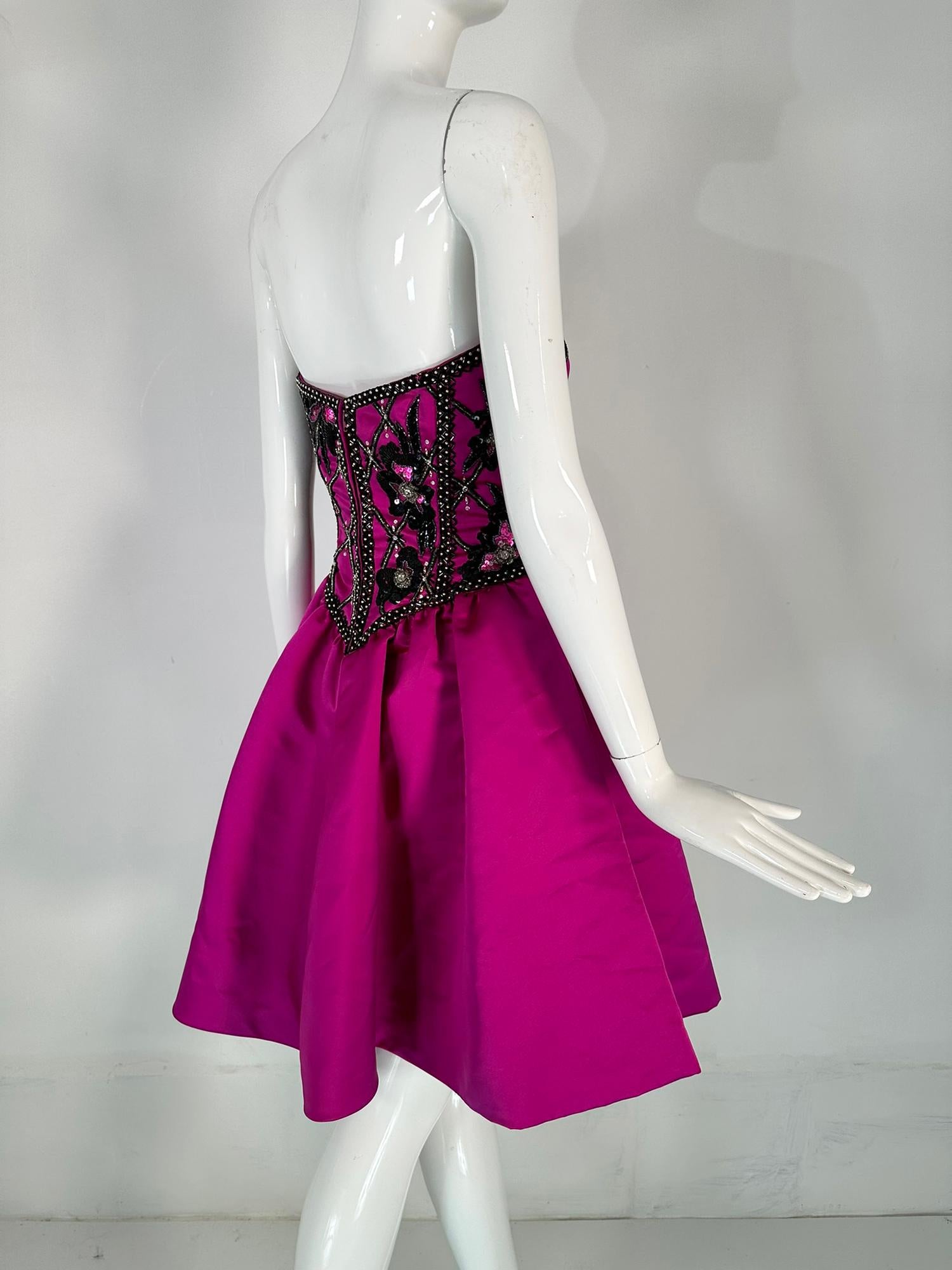 Bob Mackie Strapless Beaded Bodice Semi Full Skirt Evening Dress in Fuchsia 6  For Sale 4