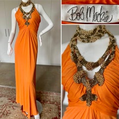 Bob Mackie Vintage 1970's Orange Jersey Dress with Gold Beaded "Necklace"