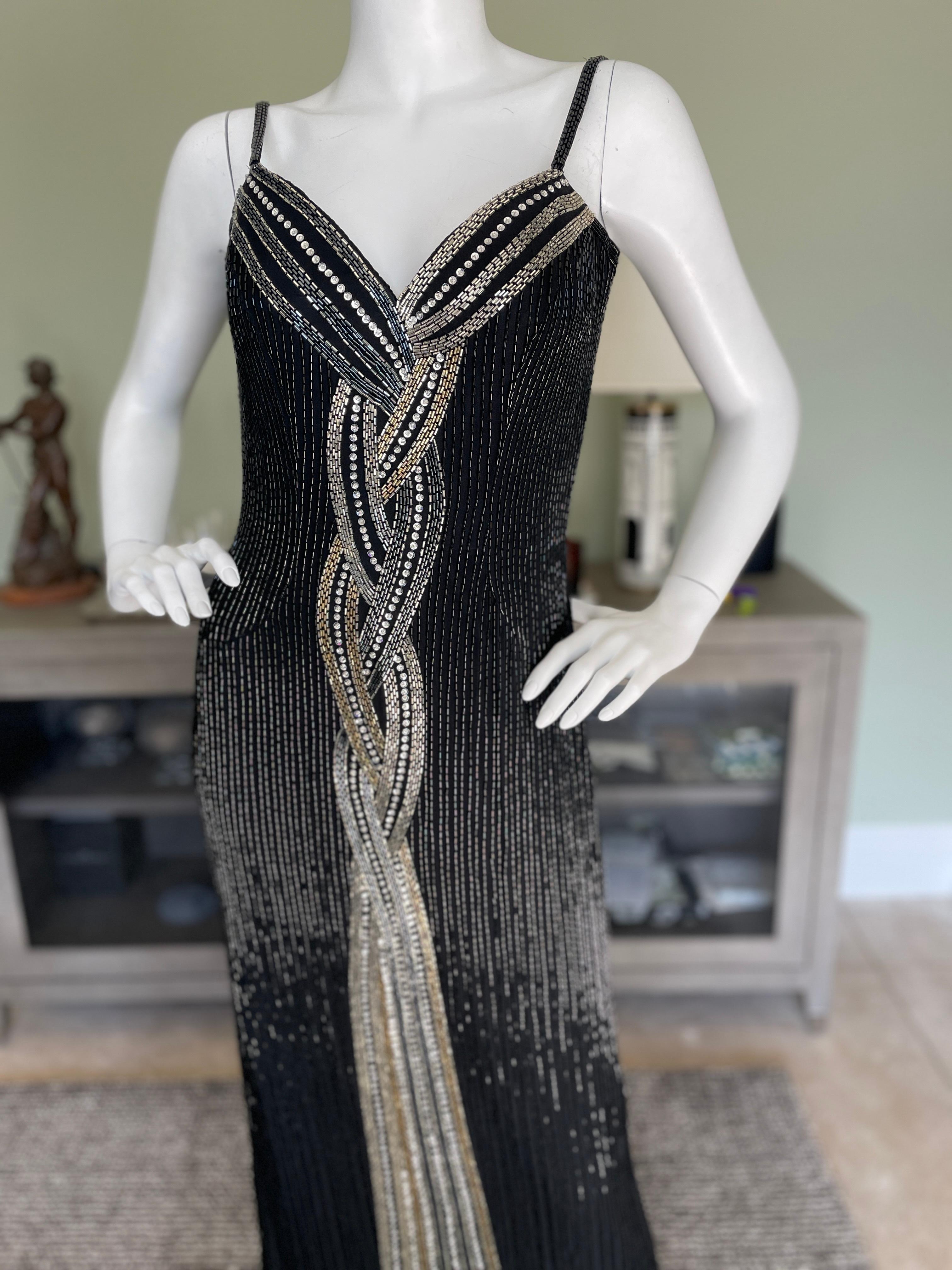 Bob Mackie Vintage 1980's Black Bugle Bead Waterfall Evening Dress In Excellent Condition For Sale In Cloverdale, CA