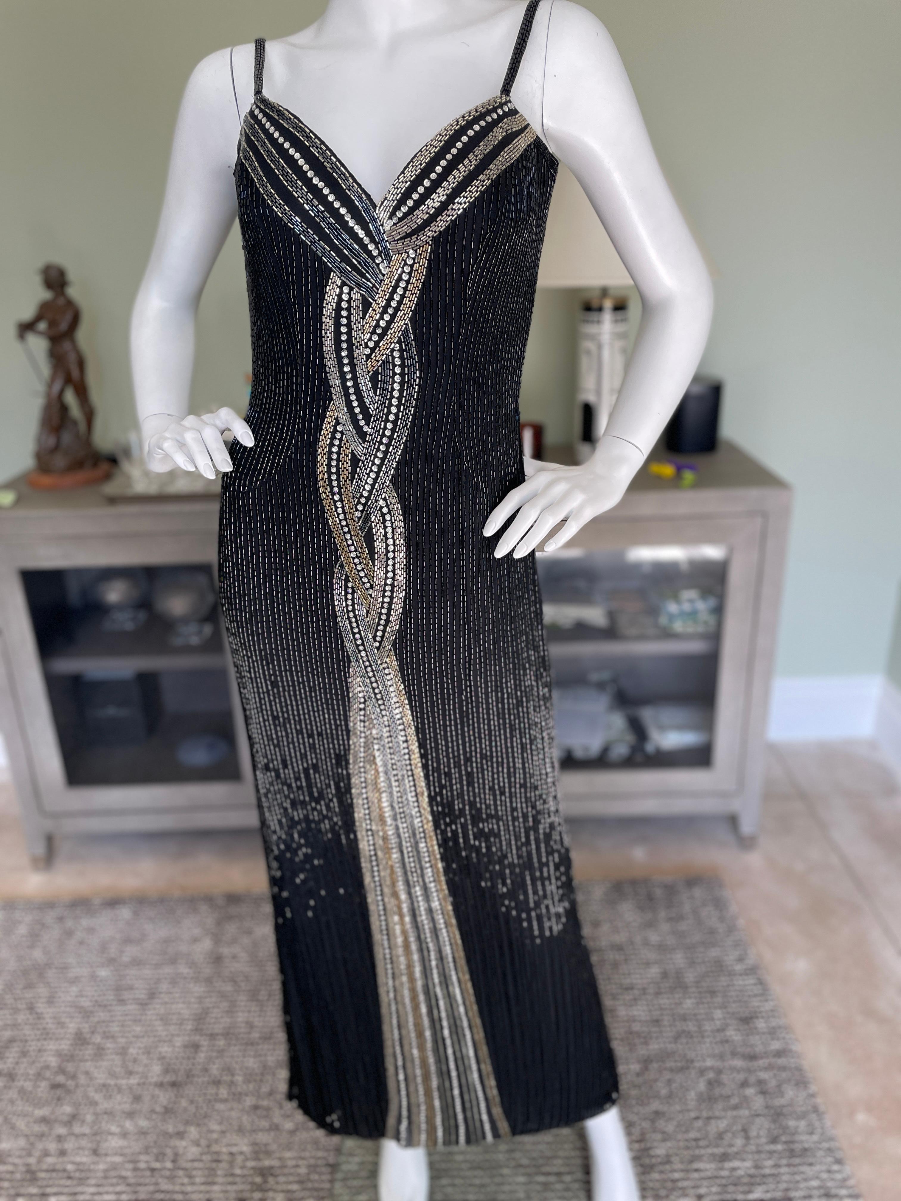 Women's Bob Mackie Vintage 1980's Black Bugle Bead Waterfall Evening Dress For Sale