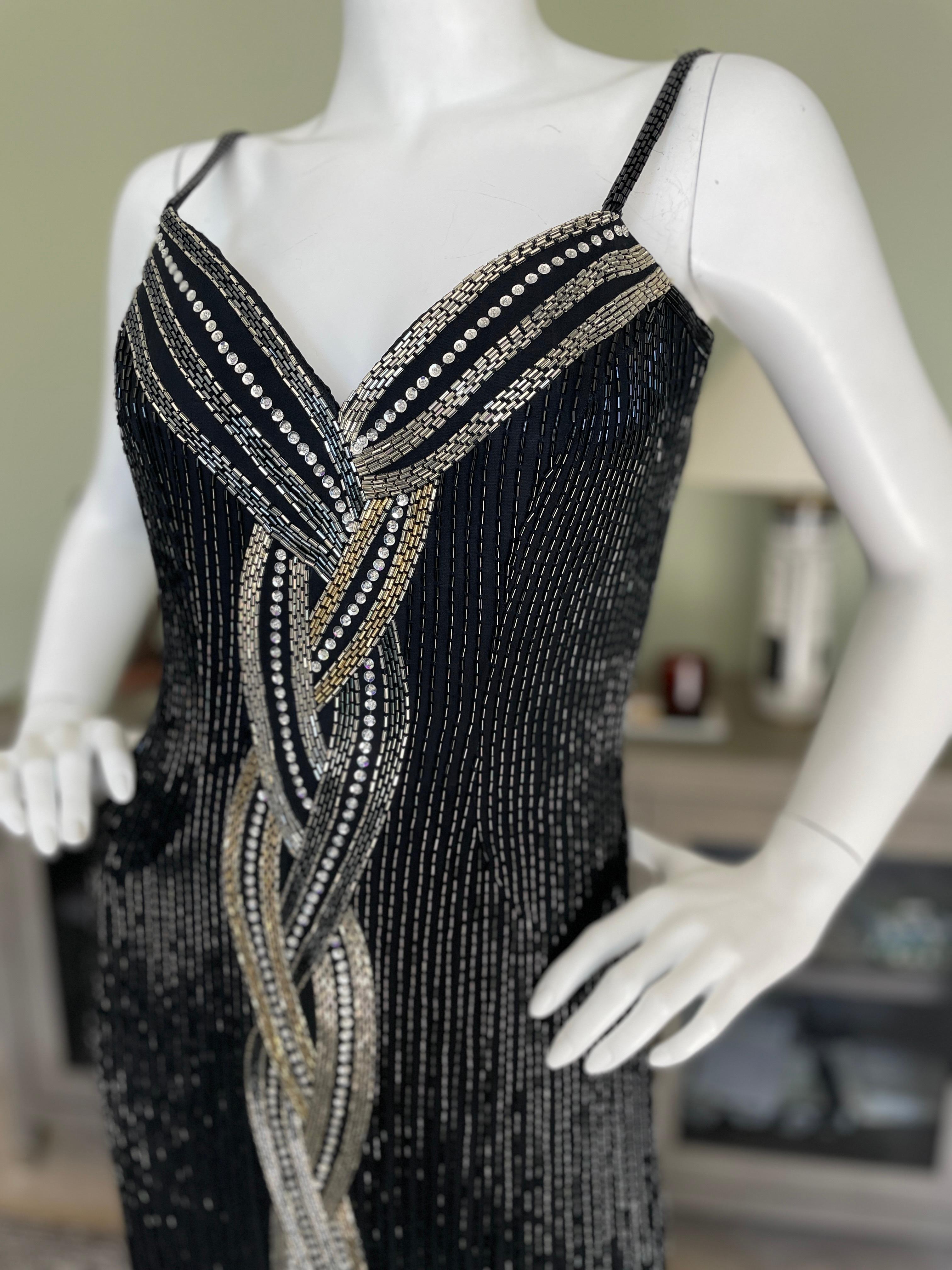 Bob Mackie Vintage 1980's Black Bugle Bead Waterfall Evening Dress For Sale 1