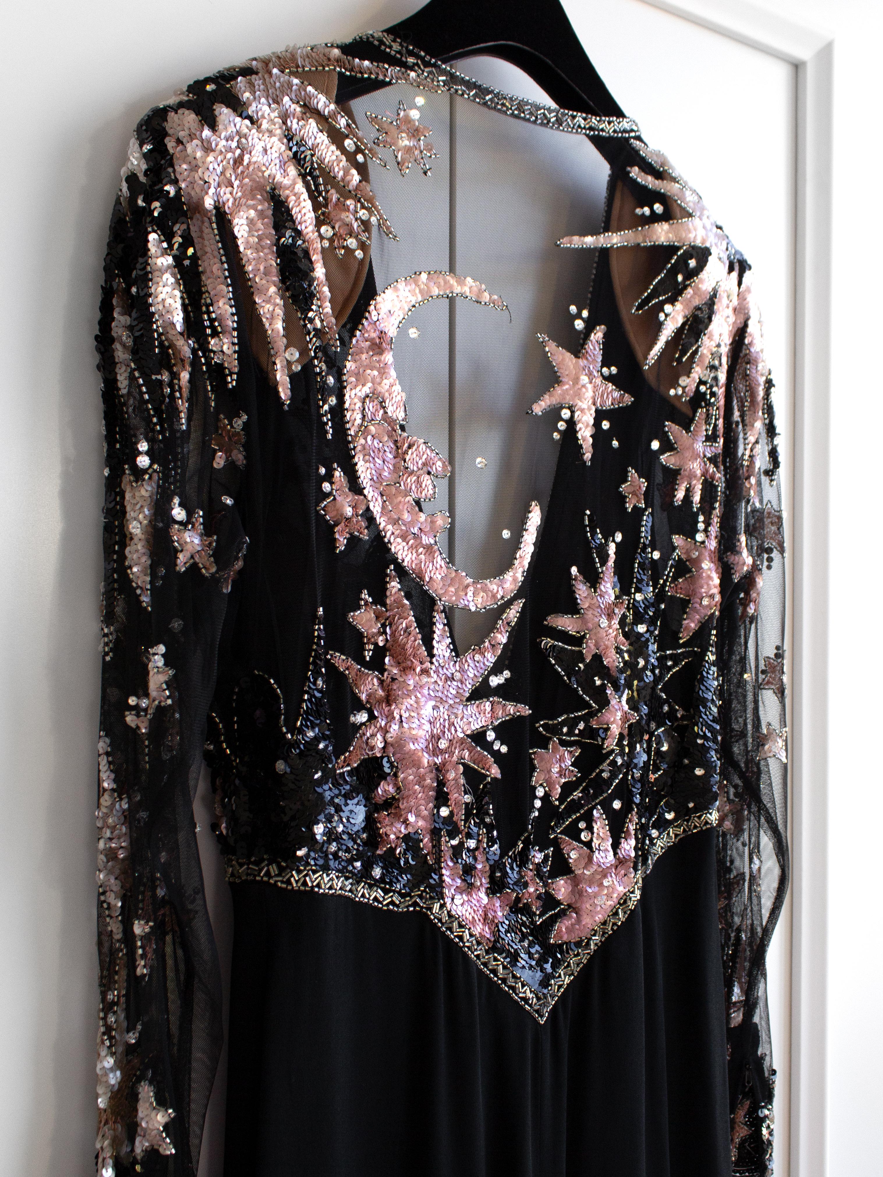 Bob Mackie Vintage 1980er Celestial Moon Stars Paillettenbesetztes rosa-schwarzes Vintage-Kleid im Angebot 11