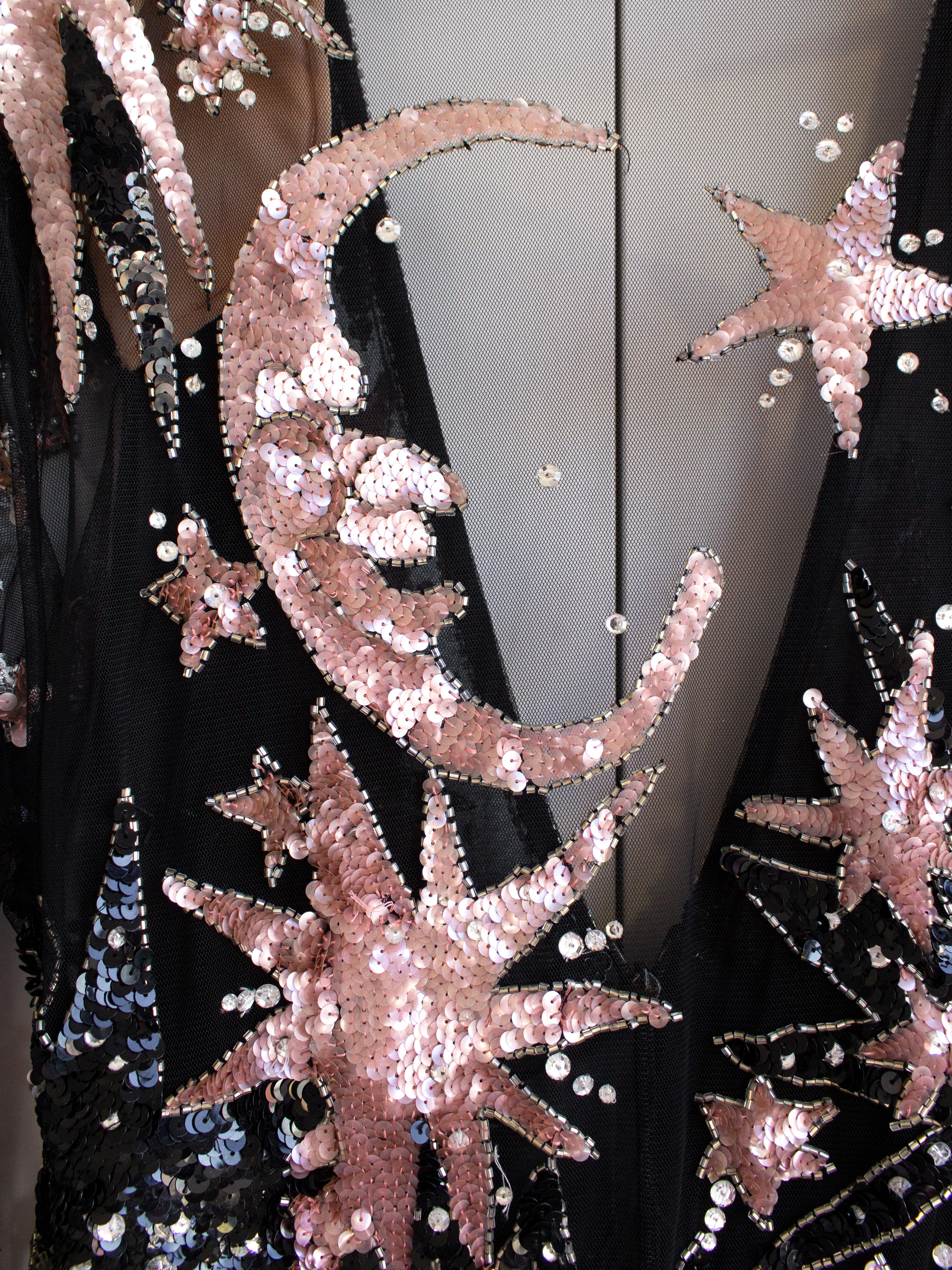 Bob Mackie Vintage 1980s Celestial Moon Stars Sequin Embellished Pink Black Gown For Sale 12