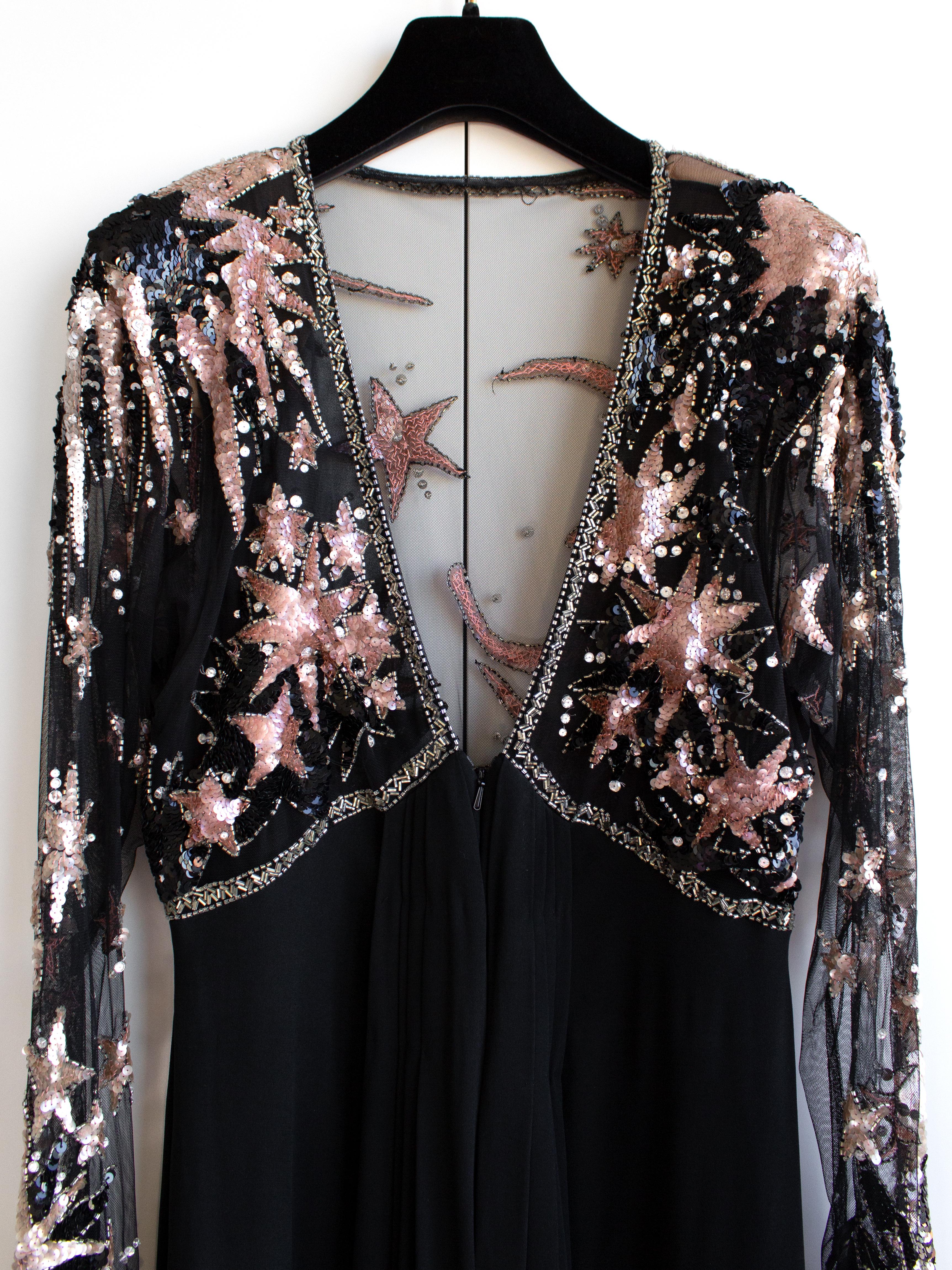 Bob Mackie Vintage 1980s Celestial Moon Stars Sequin Embellished Pink Black Gown For Sale 4