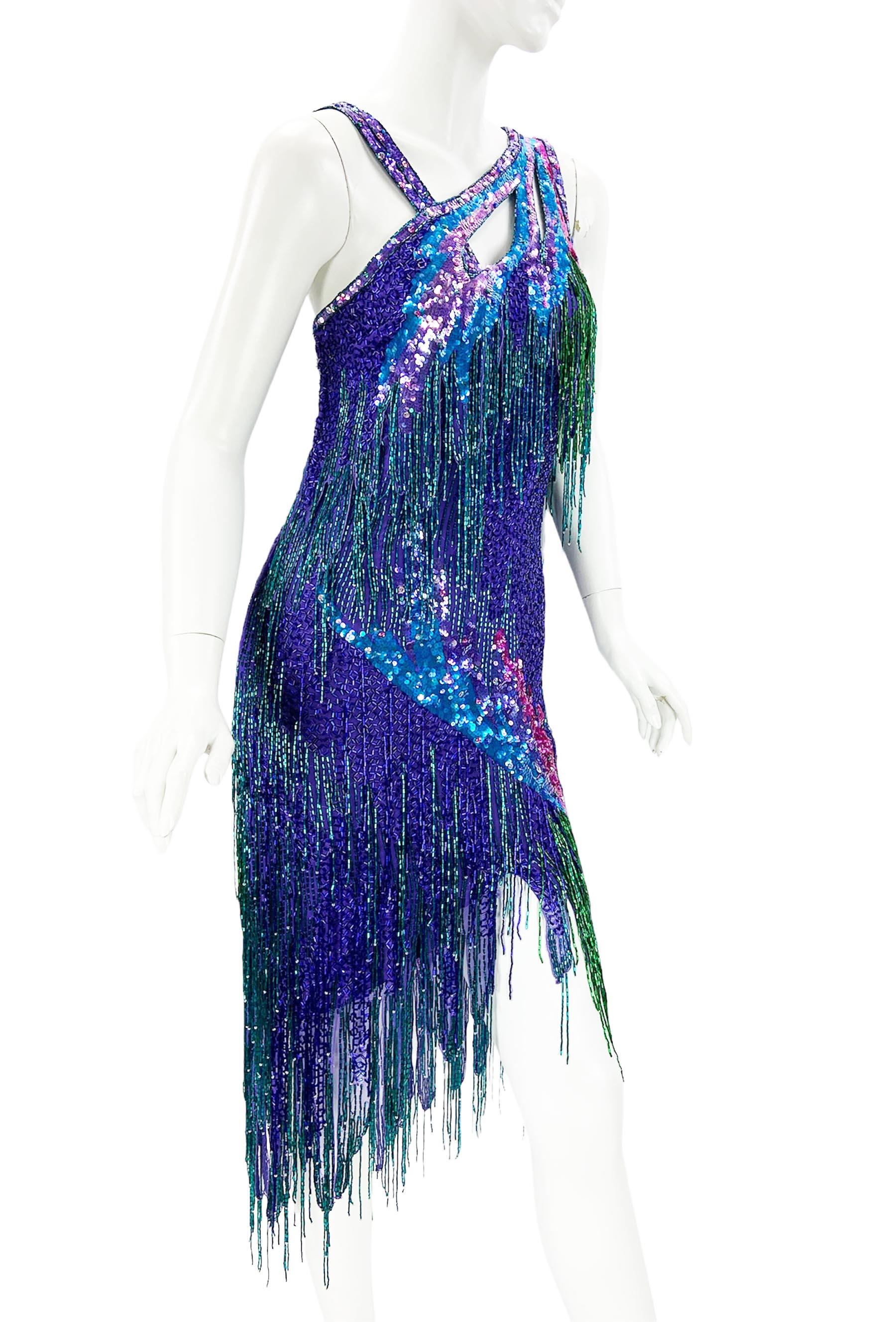 Bob Mackie Vintage 1980's Museum Fully Embellished Fringe Dress size S In Excellent Condition For Sale In Montgomery, TX