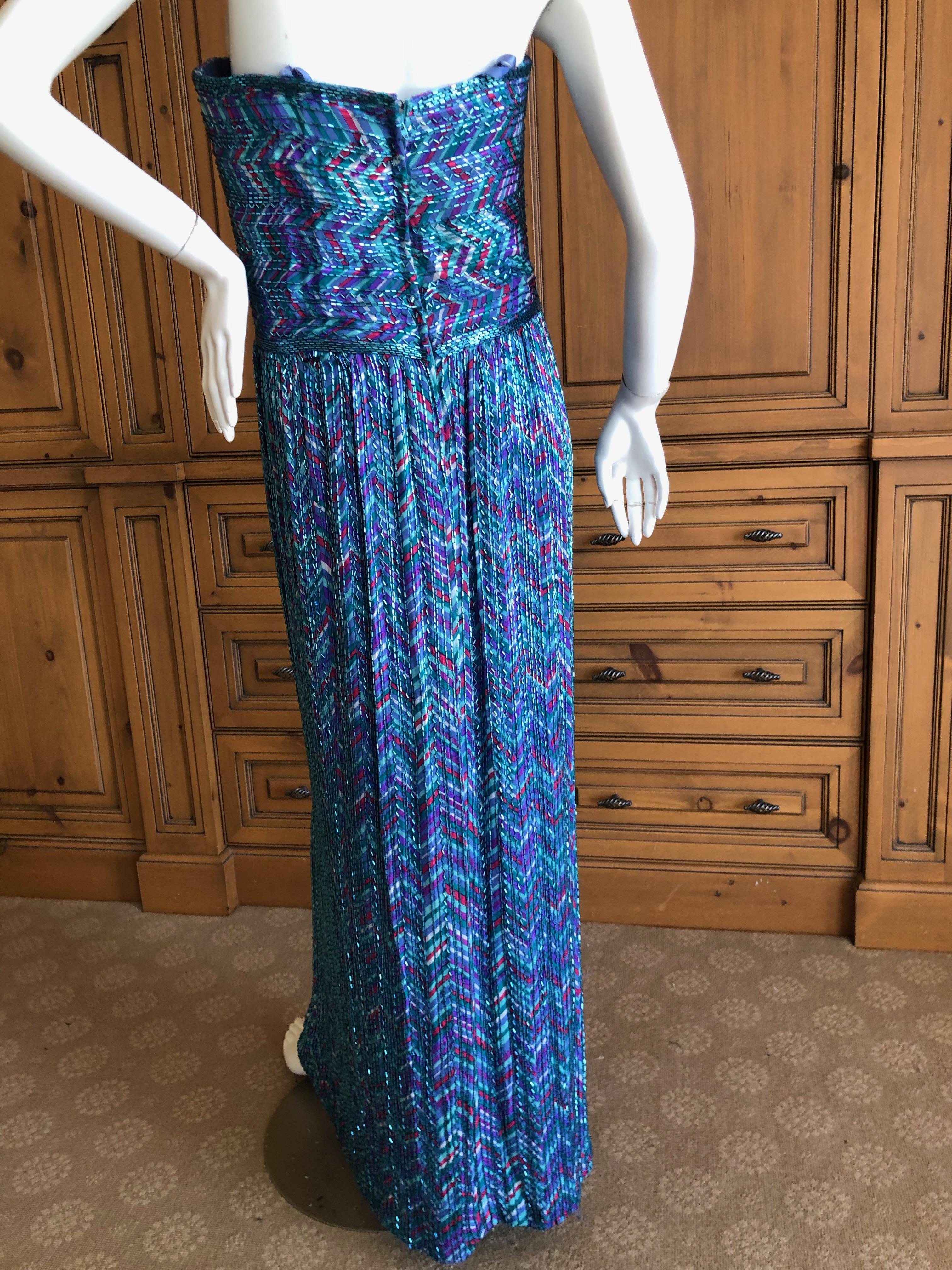 Bob Mackie Vintage 70's Strapless Bugle Beaded Embellished Silk Evening Dress 12 For Sale 7