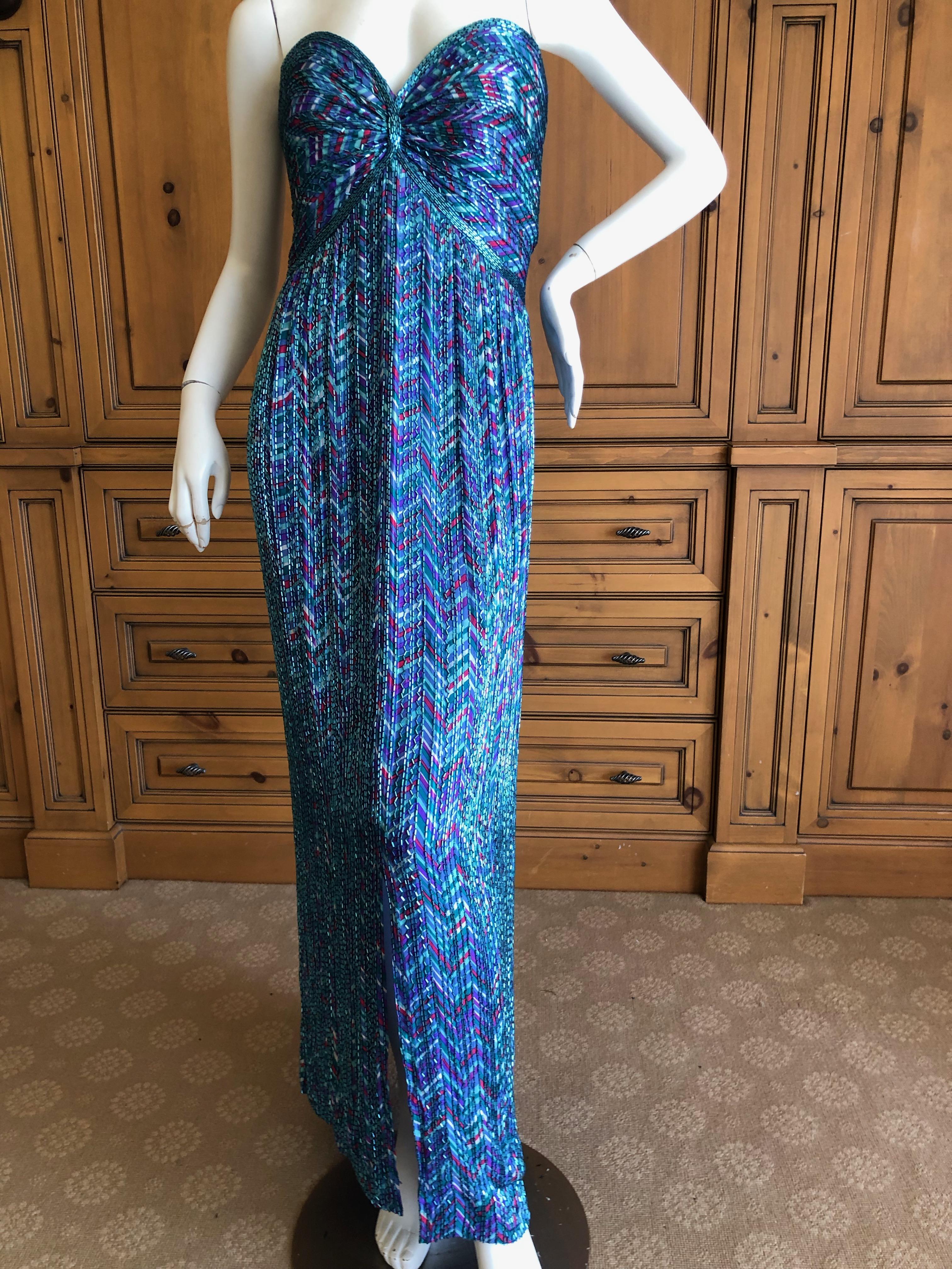 Bob Mackie Vintage 70's Strapless Bugle Beaded Embellished Silk Evening Dress 12 In Excellent Condition For Sale In Cloverdale, CA
