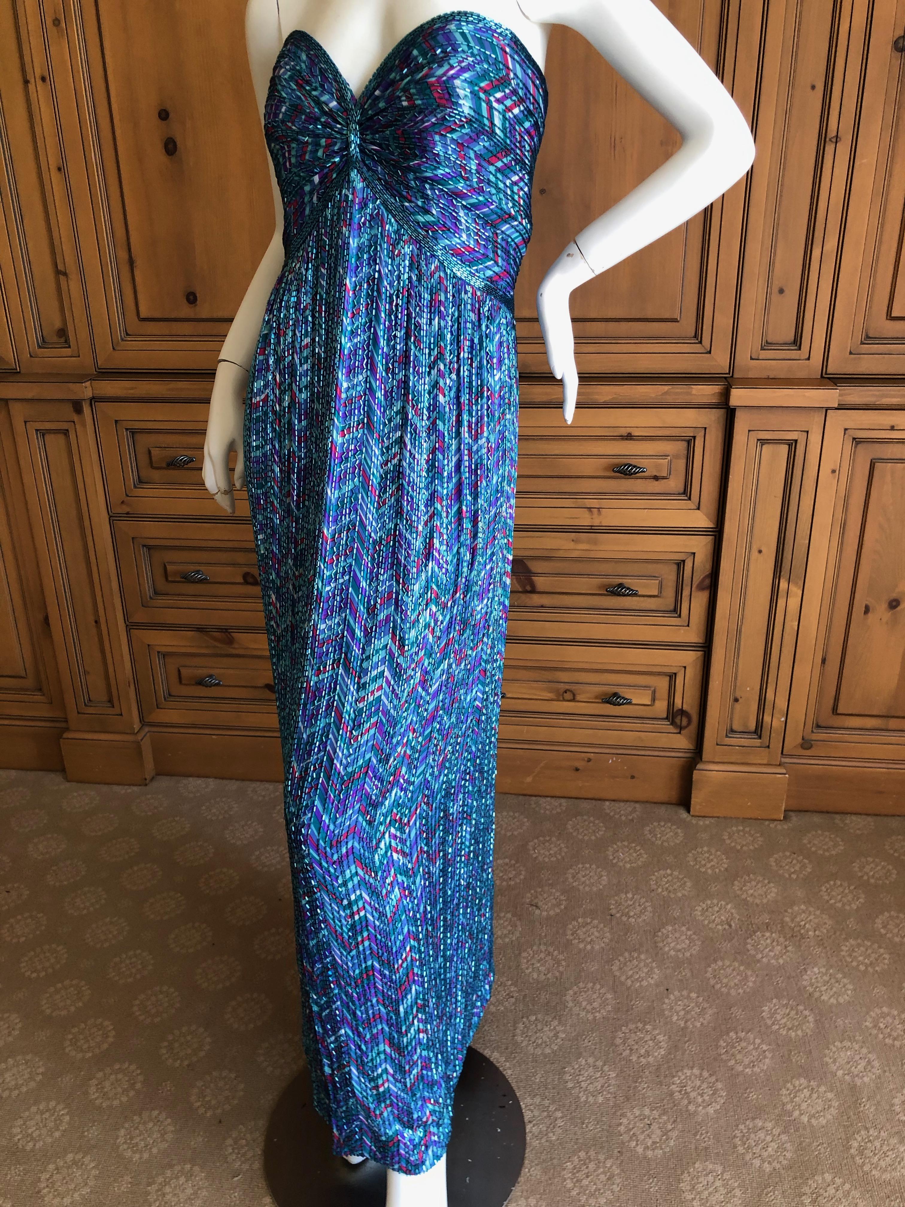 Bob Mackie Vintage 70's Strapless Bugle Beaded Embellished Silk Evening Dress 12 For Sale 2