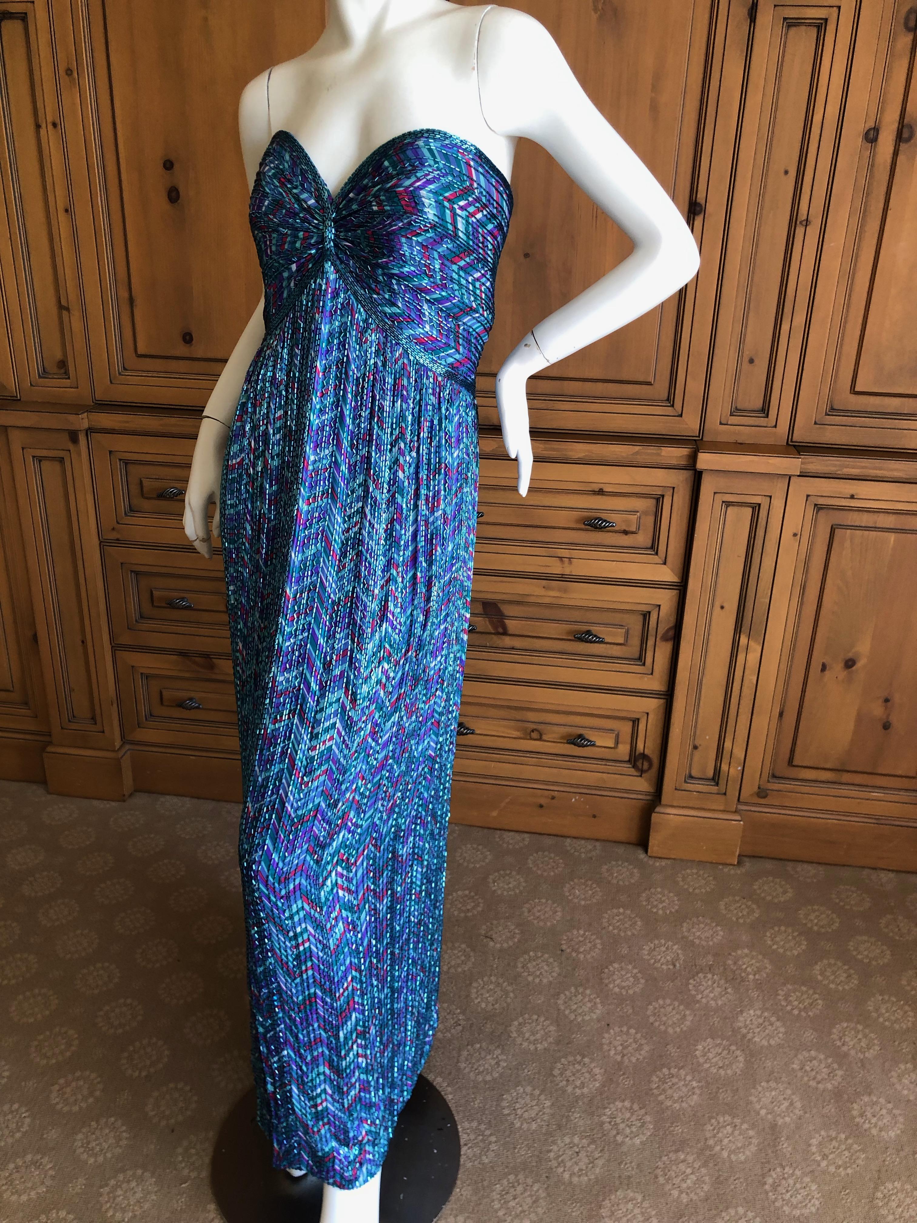 Bob Mackie Vintage 70's Strapless Bugle Beaded Embellished Silk Evening Dress 12 For Sale 3
