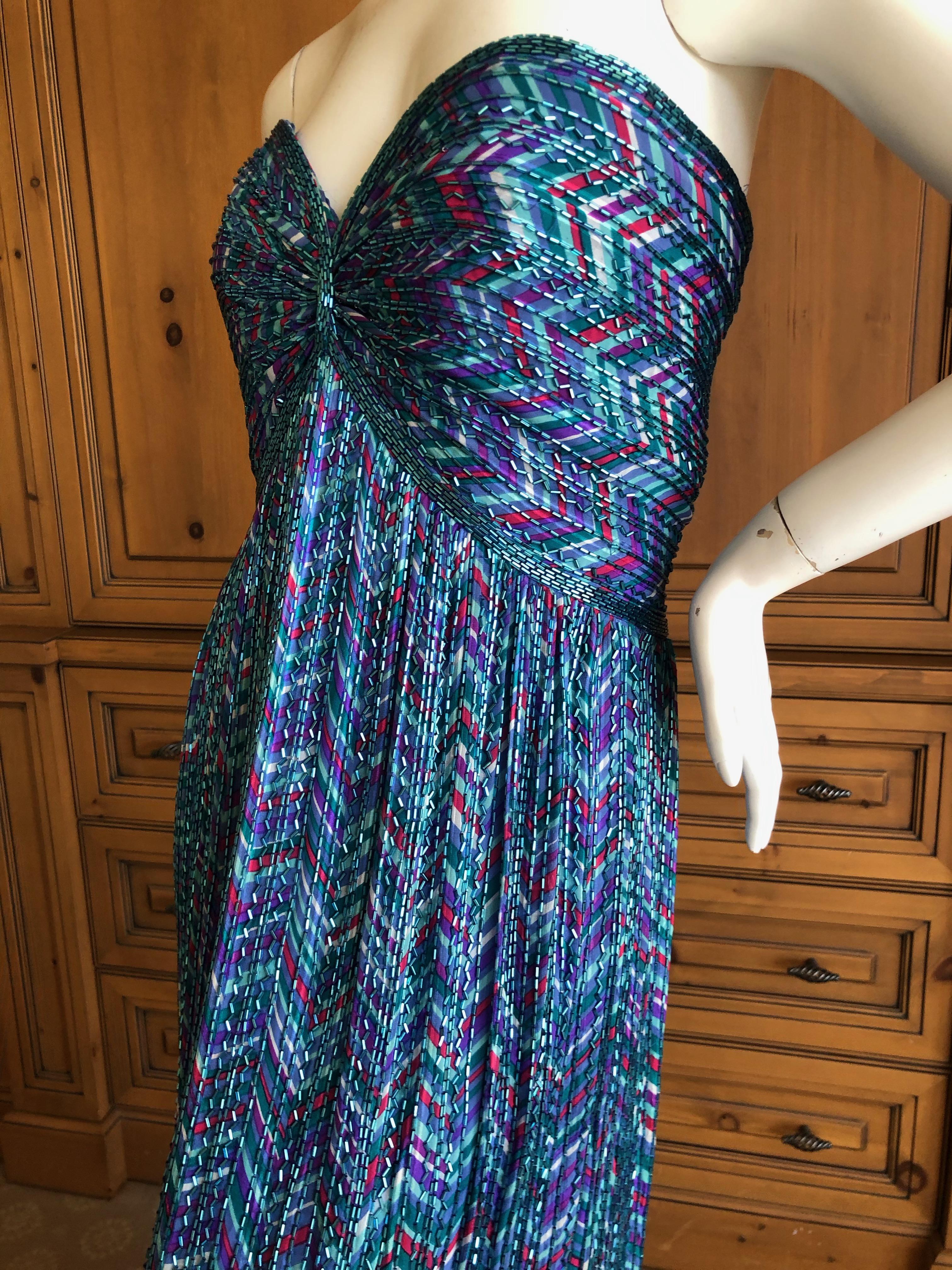 Bob Mackie Vintage 70's Strapless Bugle Beaded Embellished Silk Evening Dress  For Sale 3