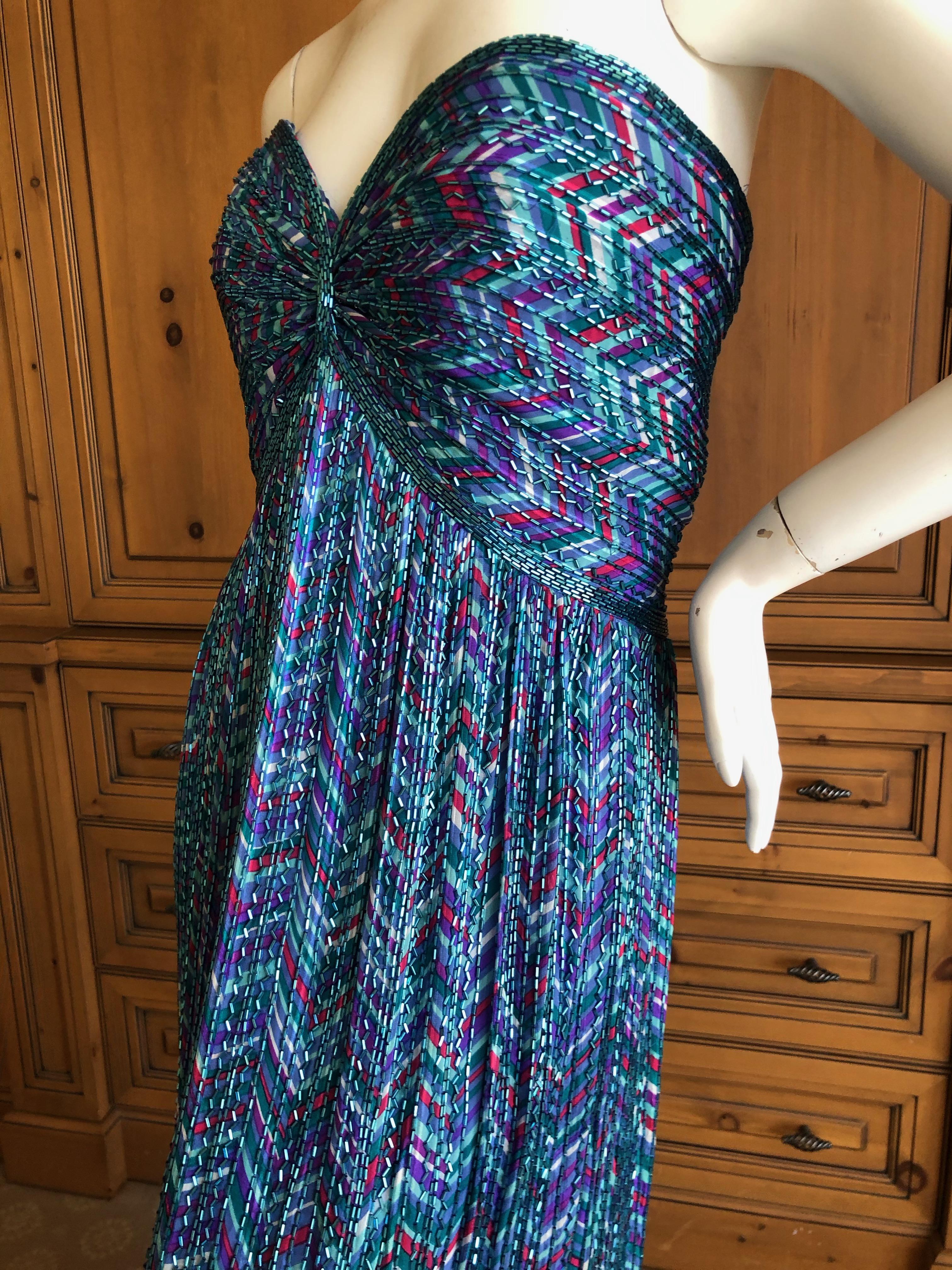 Bob Mackie Vintage 70's Strapless Bugle Beaded Embellished Silk Evening Dress For Sale 3