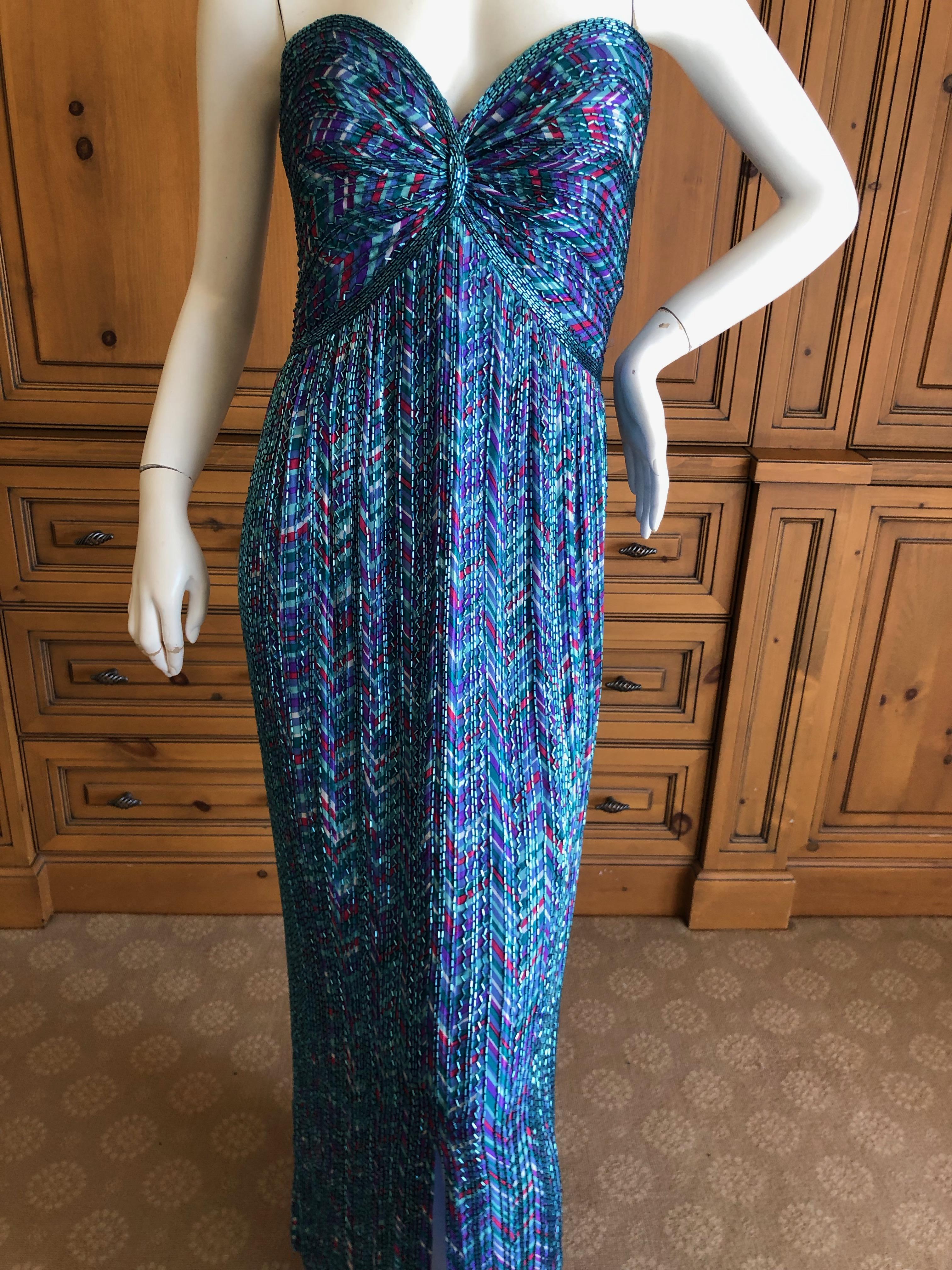 Bob Mackie Vintage 70's Strapless Bugle Beaded Embellished Silk Evening Dress  In Excellent Condition For Sale In Cloverdale, CA