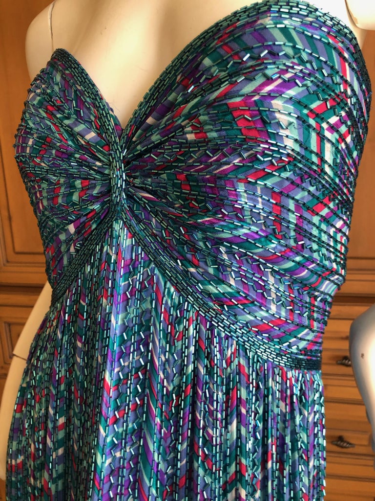 Bob Mackie Vintage 70's Strapless Bugle Beaded Embellished Silk Evening