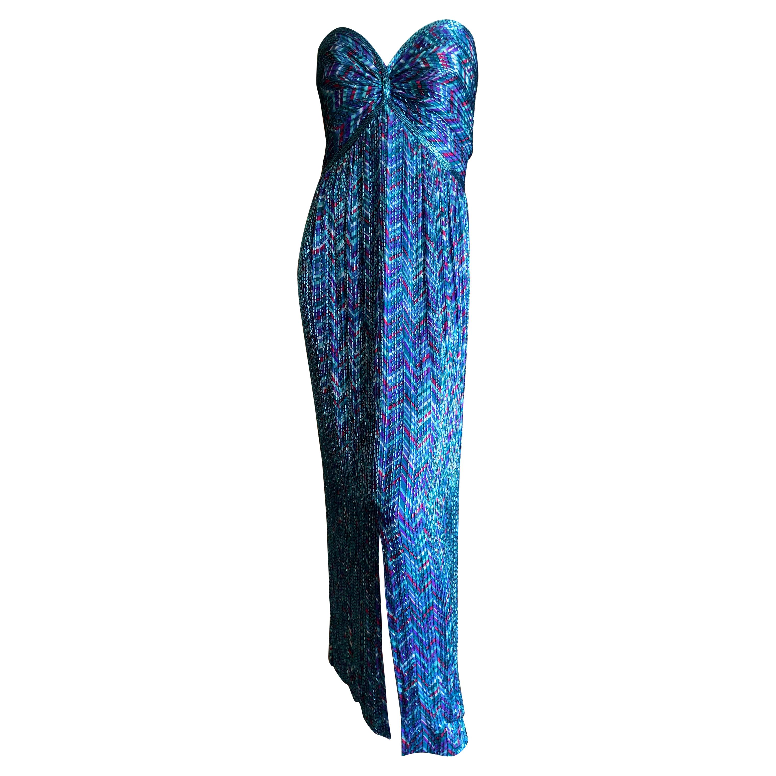 Bob Mackie Vintage 70's Strapless Bugle Beaded Embellished Silk Evening Dress  For Sale