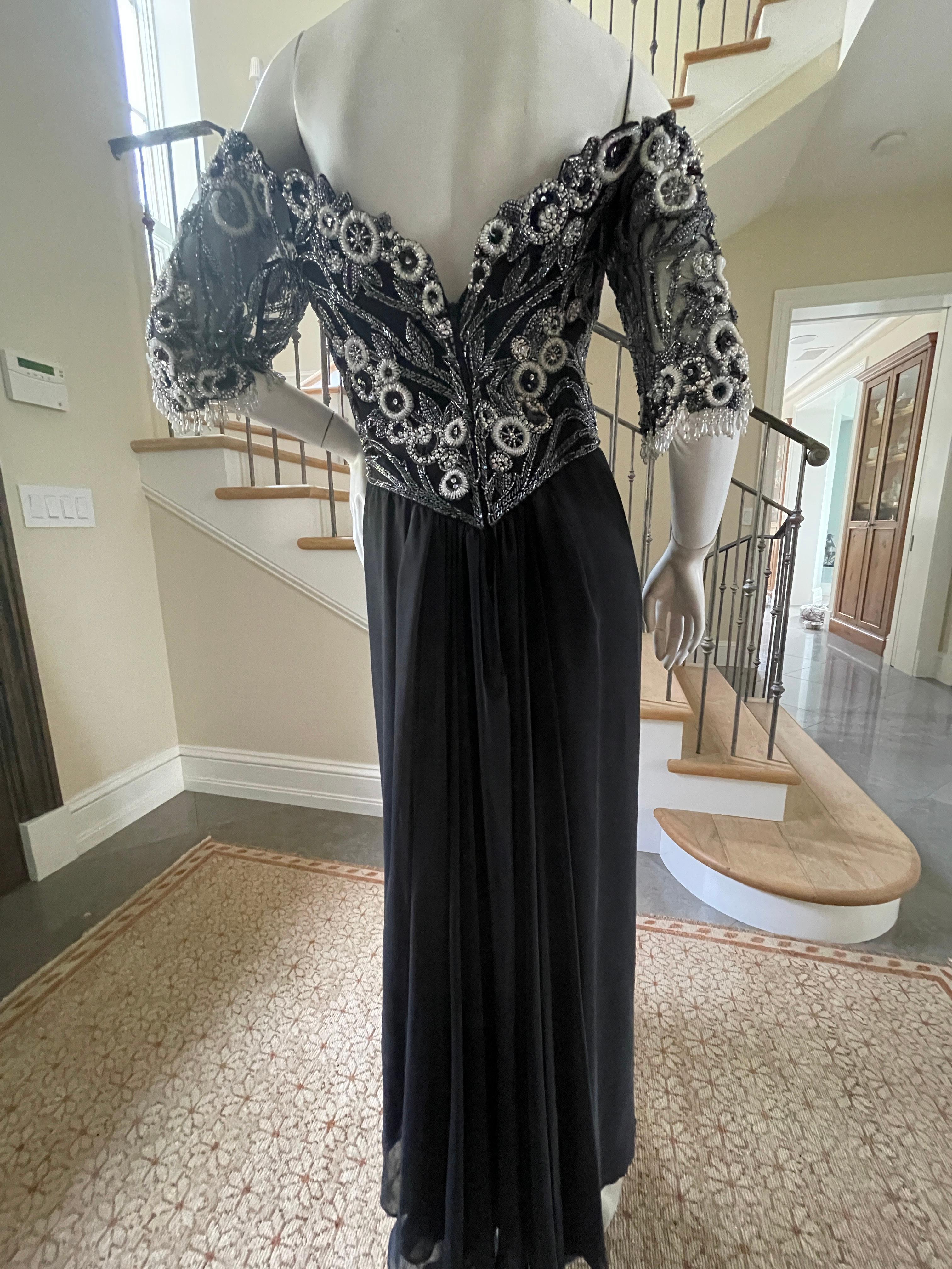 Bob Mackie Vintage 80's Beaded Off the Shoulder Evening Dress with Pearl Fringe.
  So much prettier than the photos, please use zoom feature to see details.
No Size tag APPX Size 6
 Bust 34