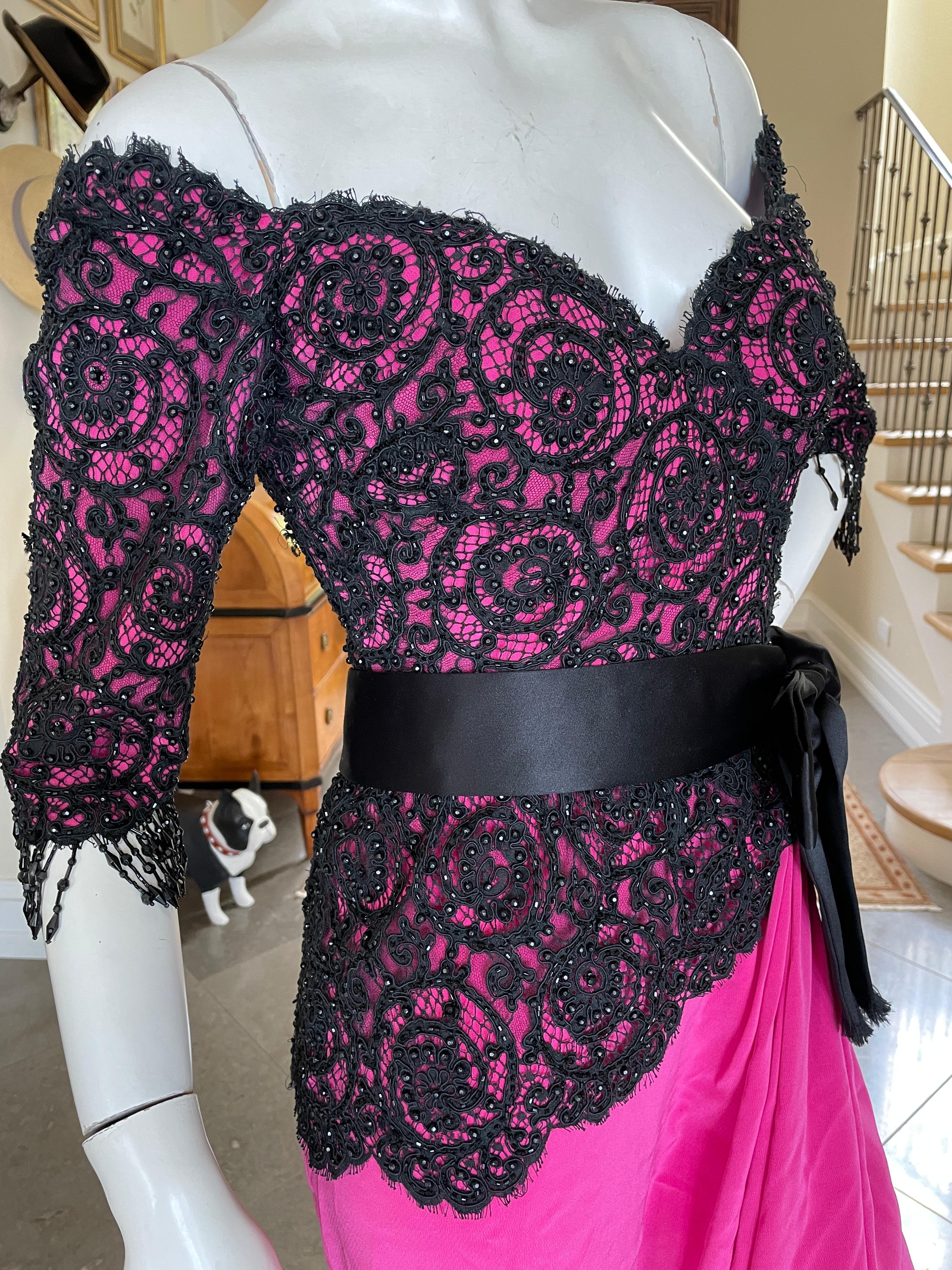 Bob Mackie Vintage 80's Off the Shoulder Beaded Lace Evening Dress w Bead Fringe For Sale 5
