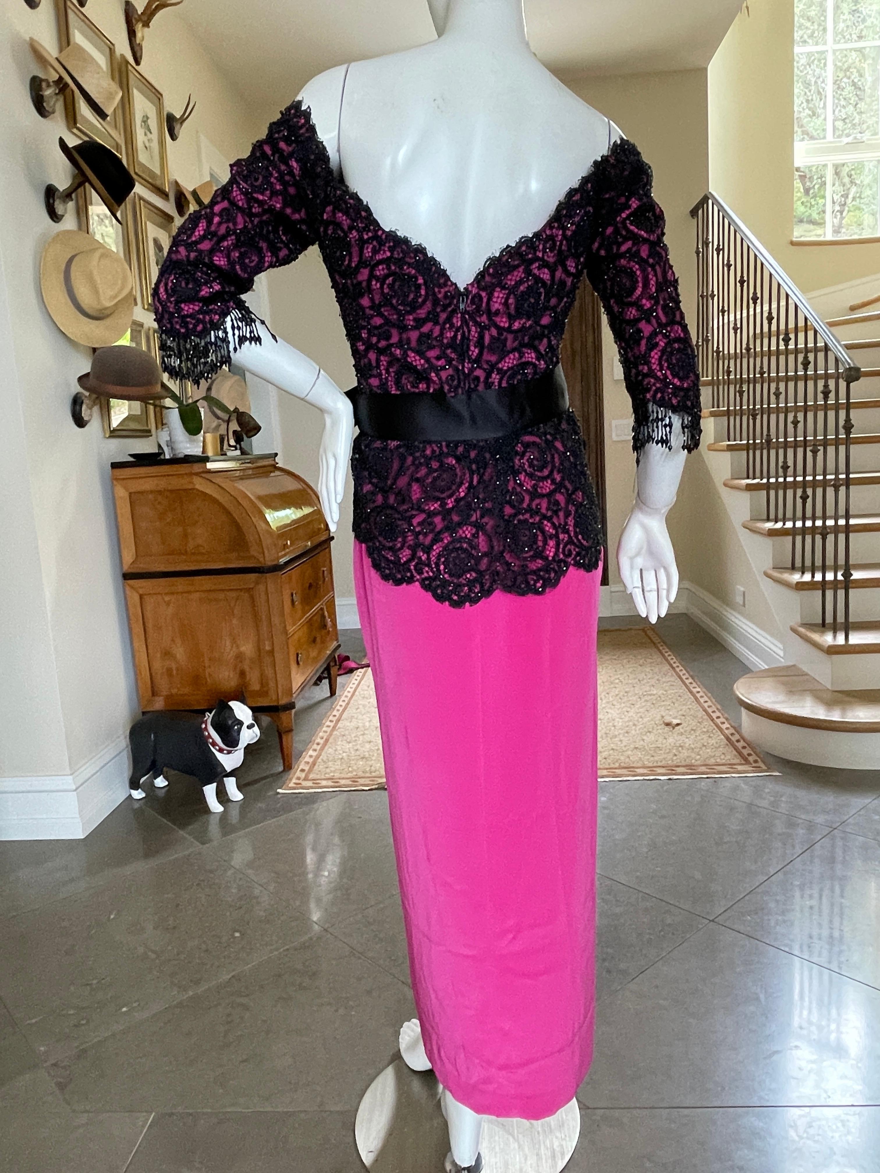 Bob Mackie Vintage 80's Off the Shoulder Beaded Lace Evening Dress w Bead Fringe For Sale 6