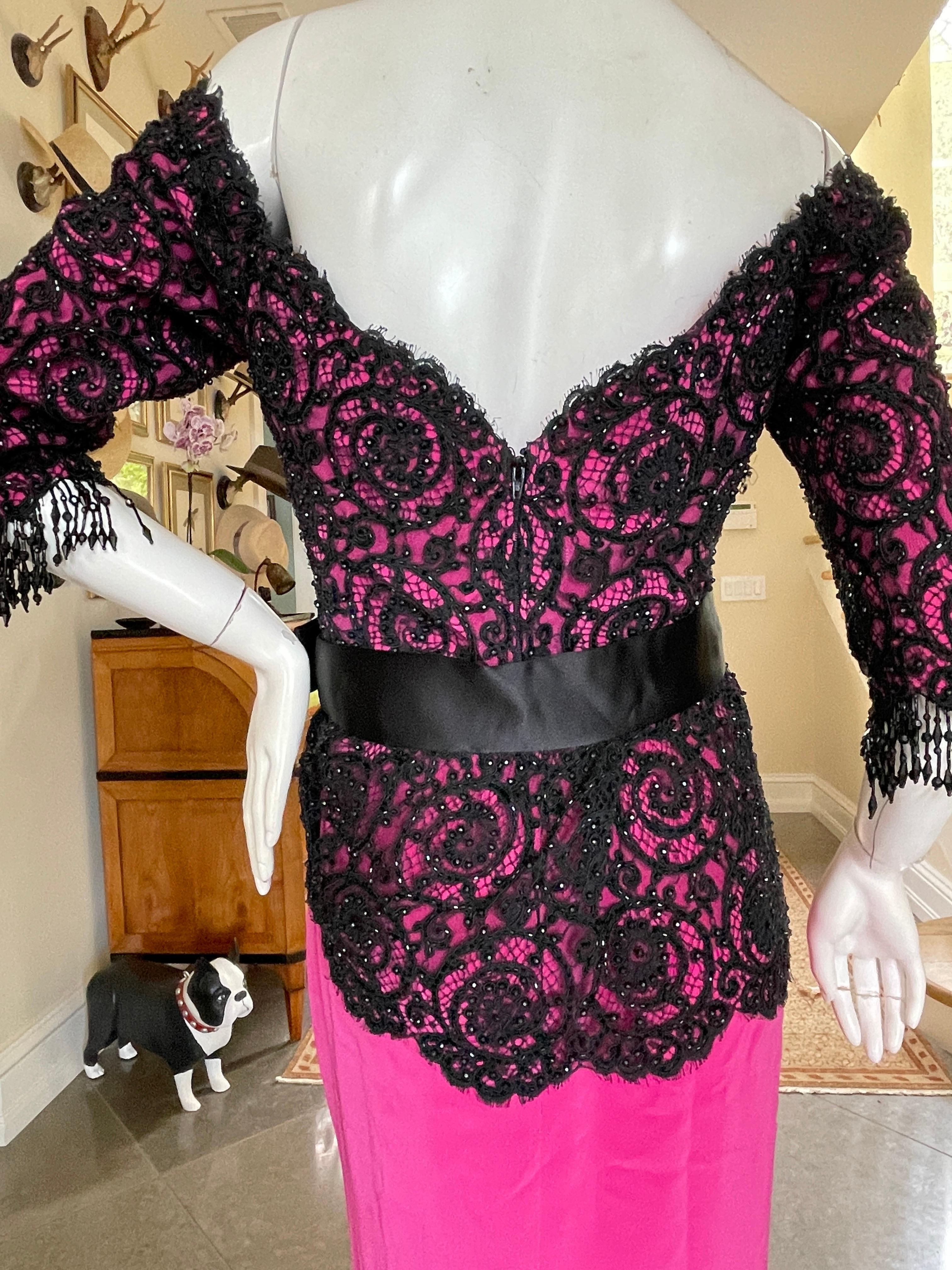 Bob Mackie Vintage 80's Off the Shoulder Beaded Lace Evening Dress w Bead Fringe For Sale 7