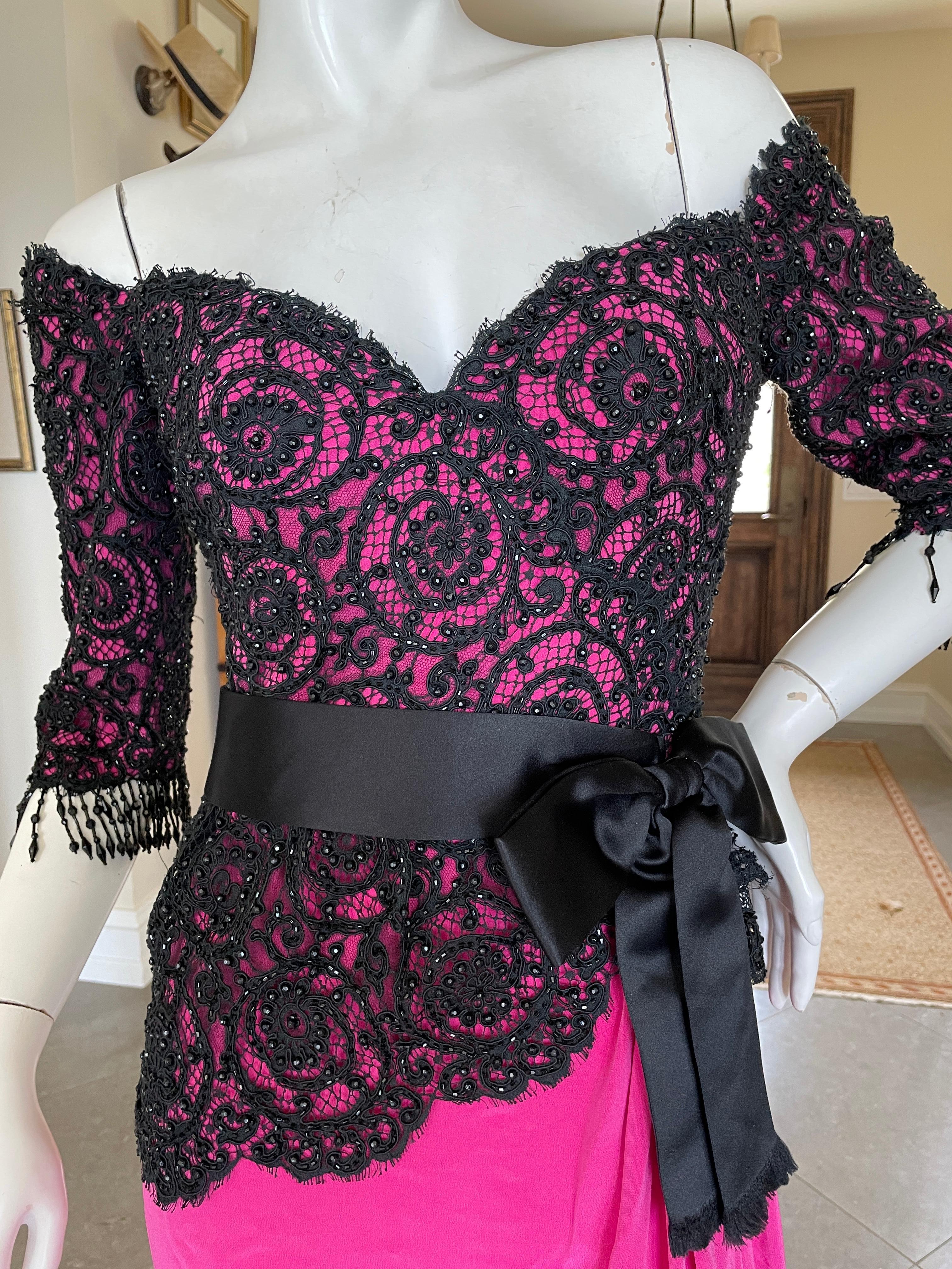 Pink Bob Mackie Vintage 80's Off the Shoulder Beaded Lace Evening Dress w Bead Fringe For Sale
