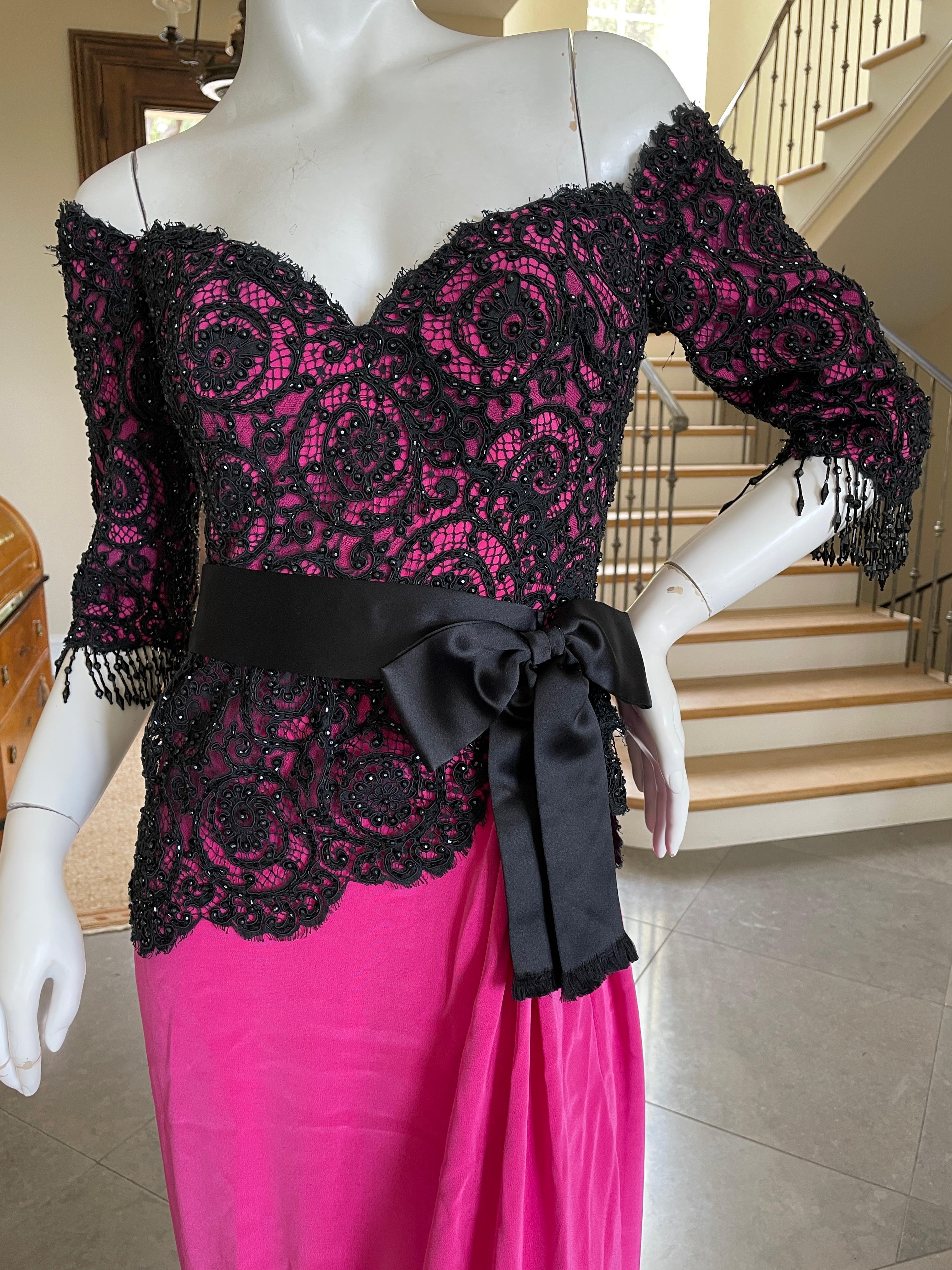 Bob Mackie Vintage 80's Off the Shoulder Beaded Lace Evening Dress w Bead Fringe For Sale 2