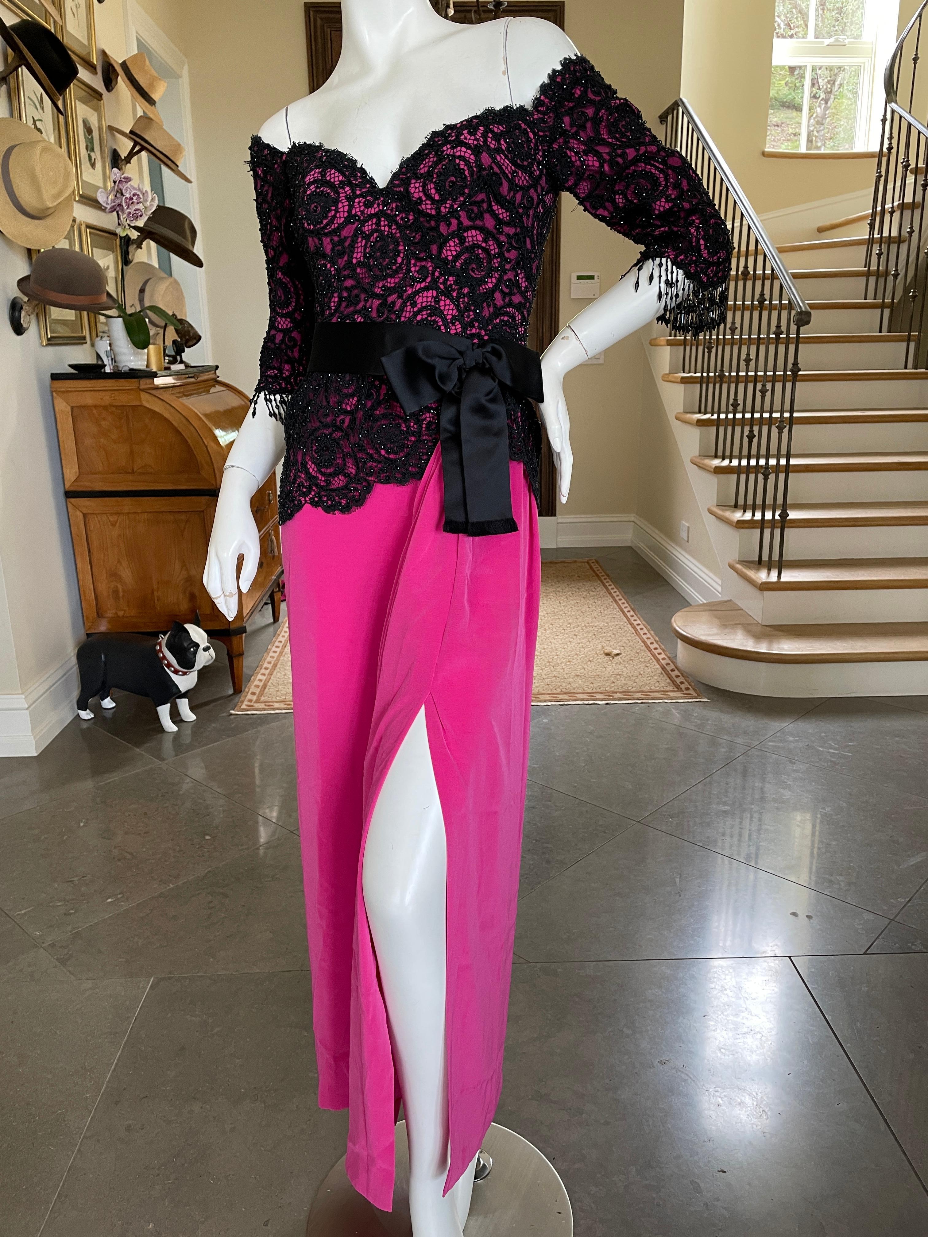 Bob Mackie Vintage 80's Off the Shoulder Beaded Lace Evening Dress w Bead Fringe For Sale 3