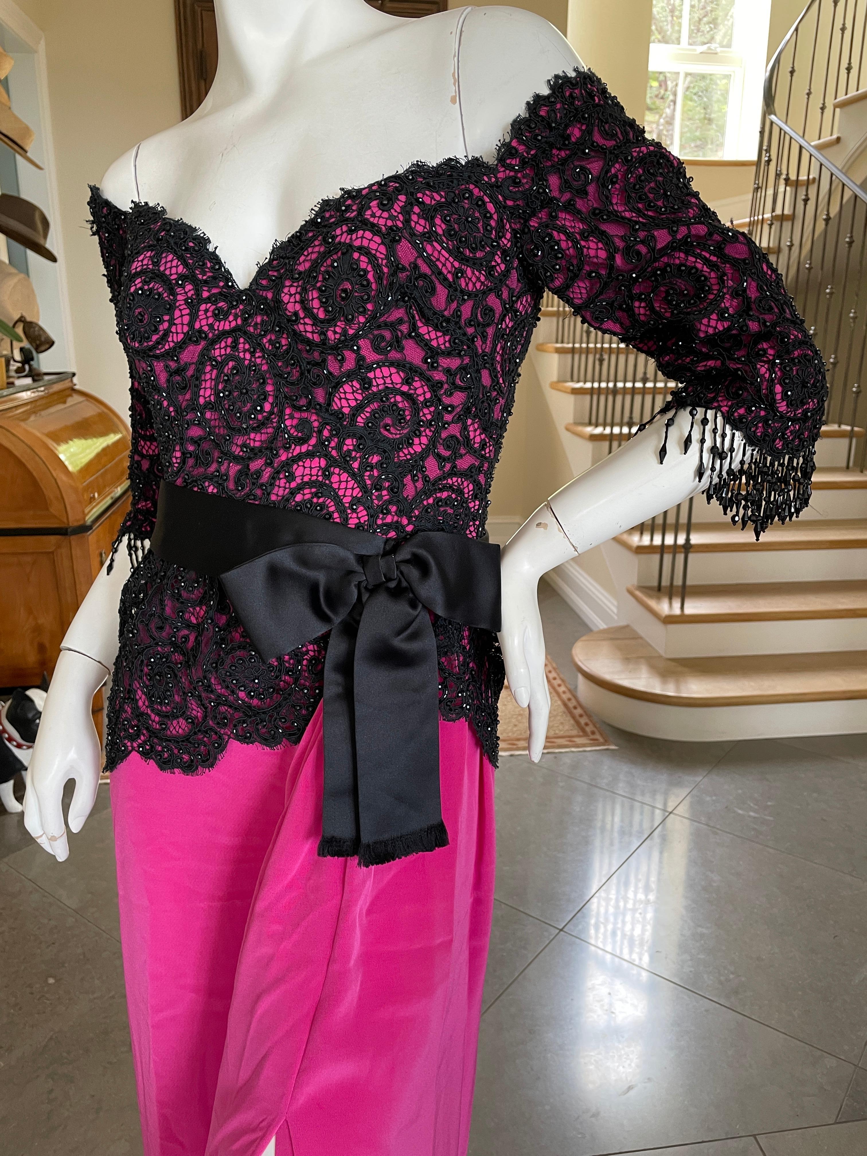 Bob Mackie Vintage 80's Off the Shoulder Beaded Lace Evening Dress w Bead Fringe For Sale 4