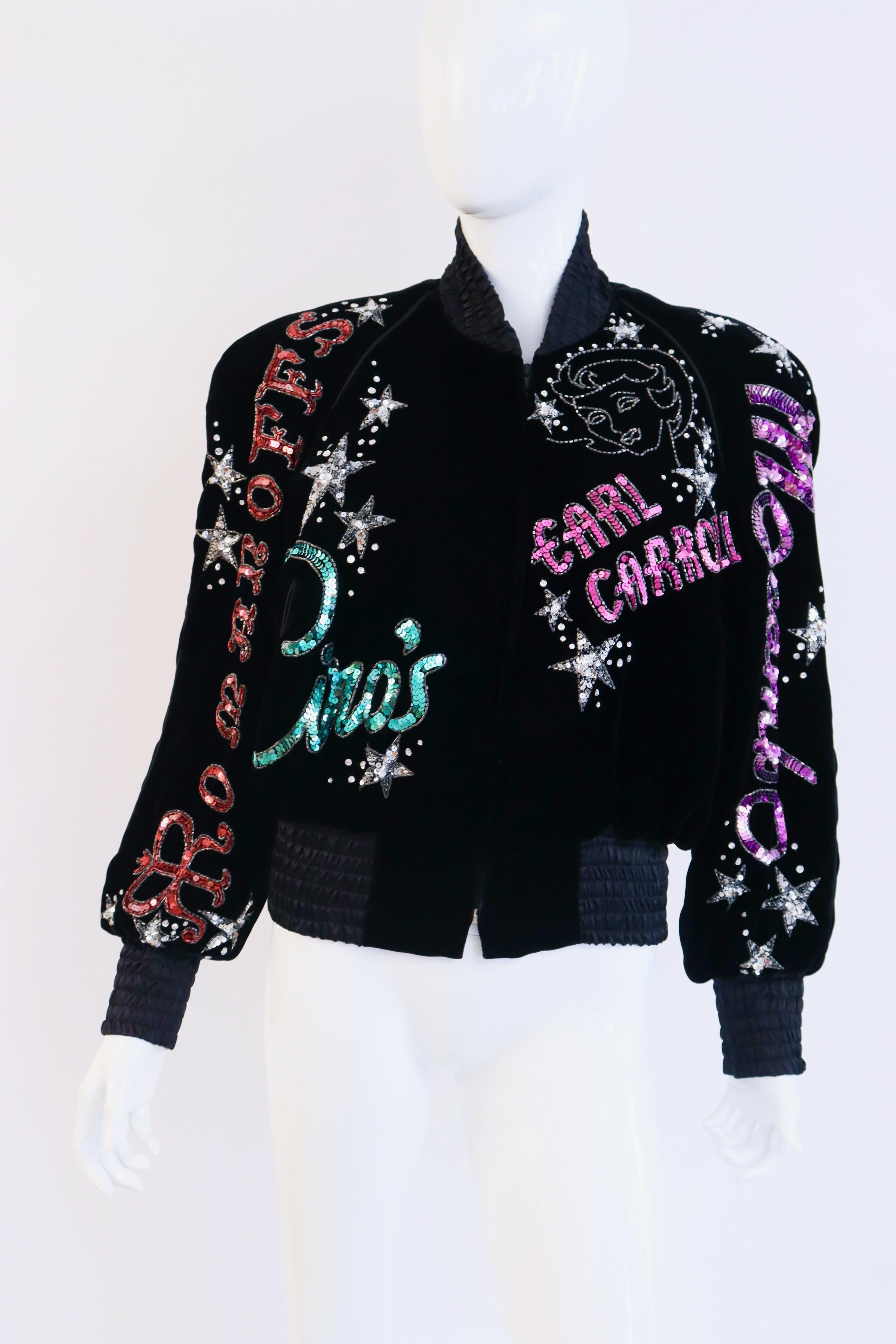 Rare Vintage 80's BOB MACKIE Old Hollywood Hot Spot Themed Sequin Velvet Jacket!  This bomber jacket is incredible and very hard to part with.  The beading and sequin work is exquisite and it is in excellent condition.  Quilted satin lining. 