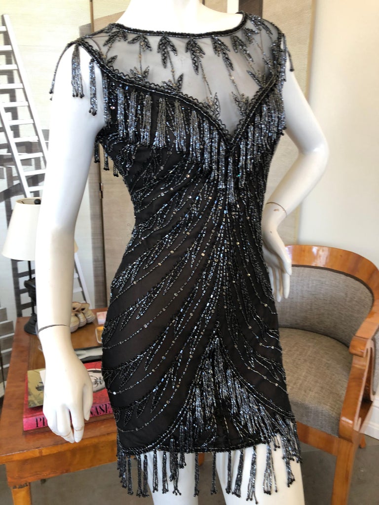 Bob Mackie Vintage 80's Sheer Little Black Dress with Bugle Bead Fringe