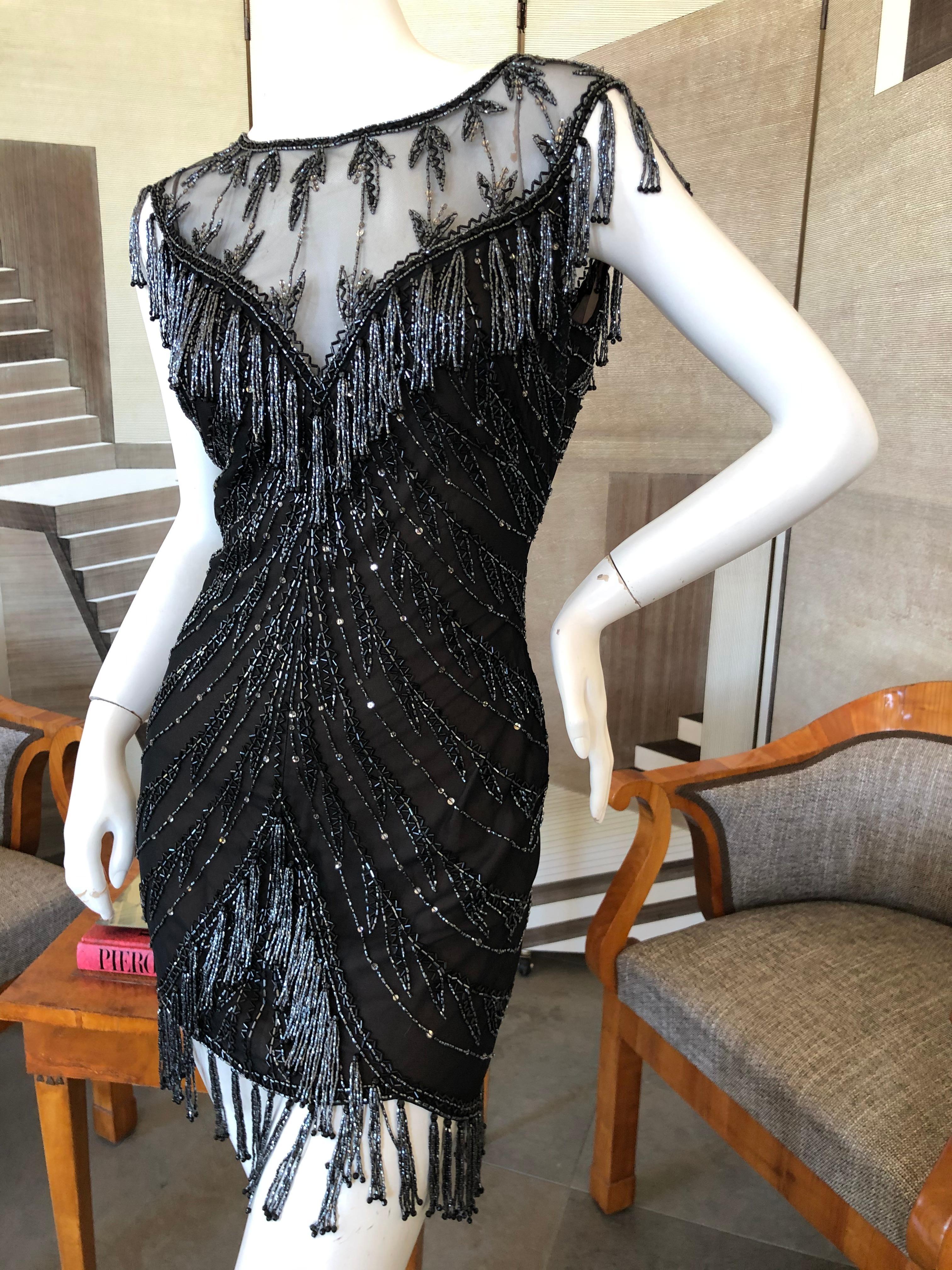 Bob Mackie Vintage 80's  Sheer Little Black Dress with Bugle Bead Fringe In Excellent Condition For Sale In Cloverdale, CA
