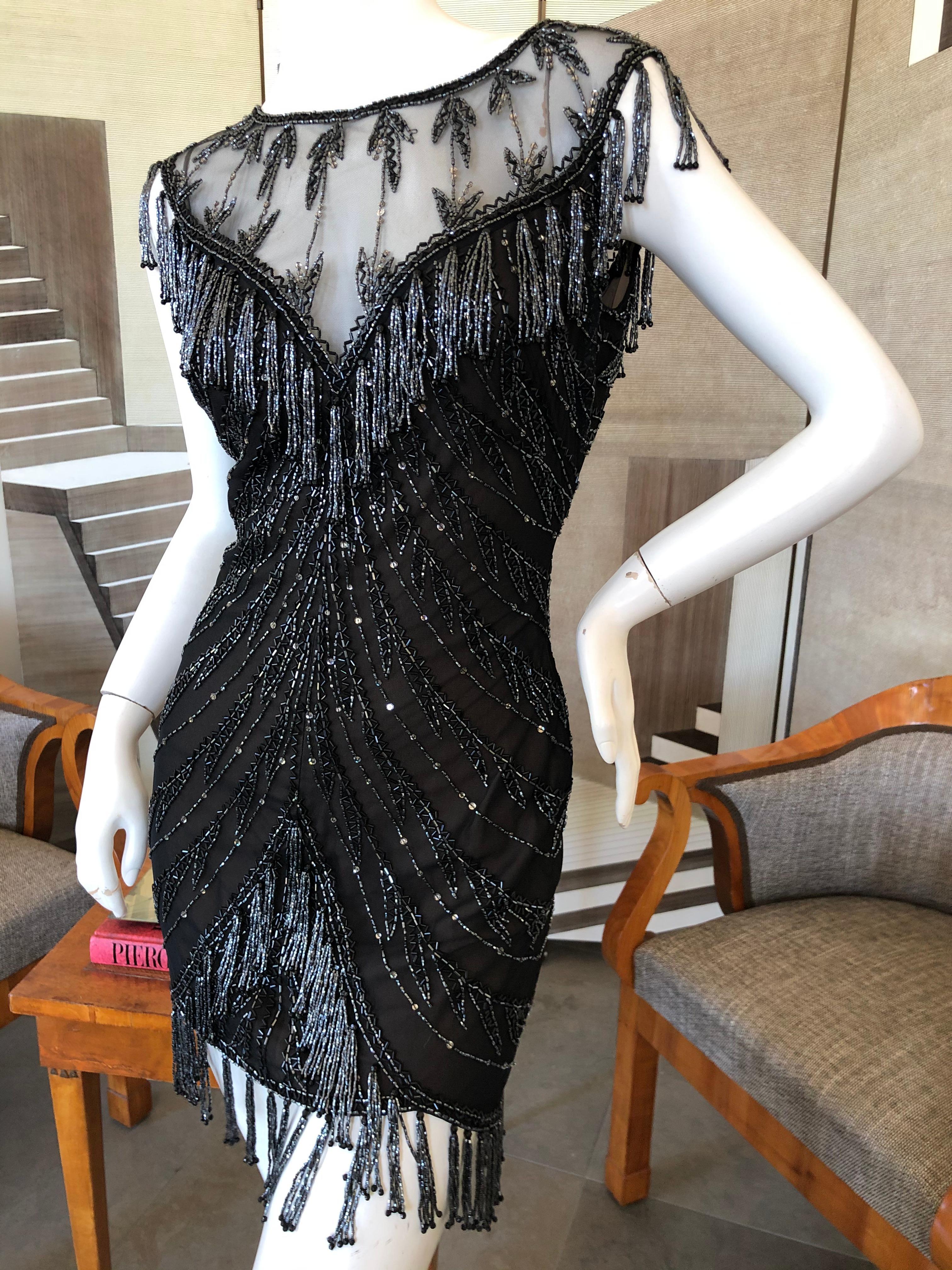 Women's Bob Mackie Vintage 80's  Sheer Little Black Dress with Bugle Bead Fringe For Sale