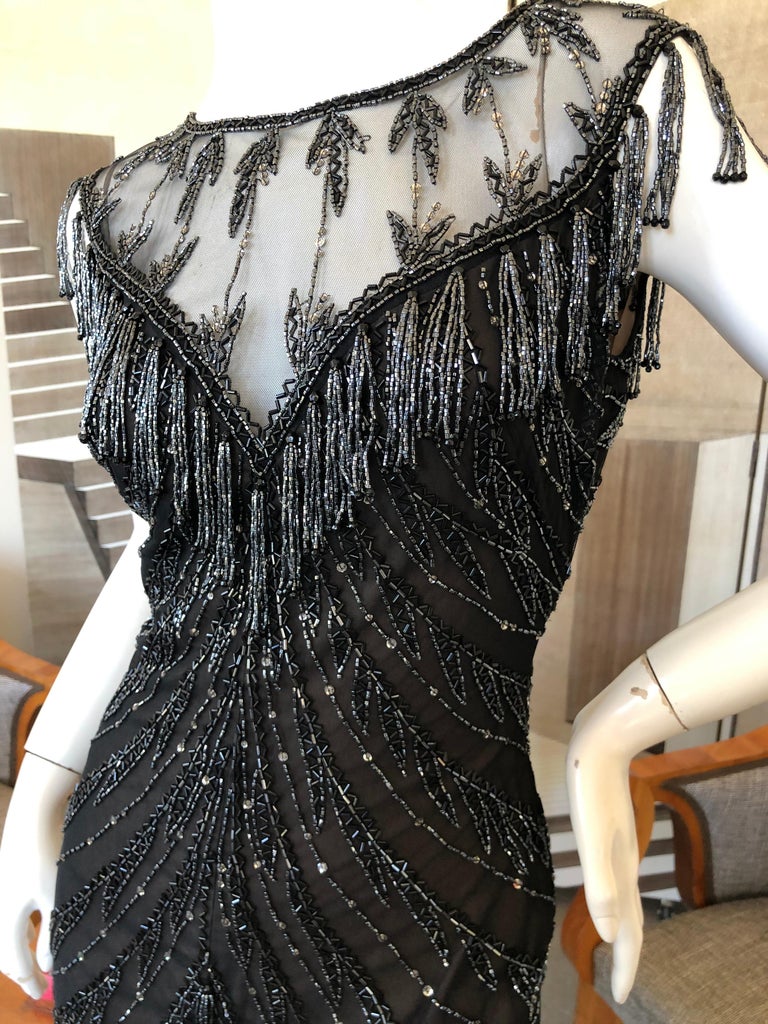 Large 1980s Bob Mackie Gown Bugle Beads Sequins Caged Back Hi Low Beaded Fringe Hem