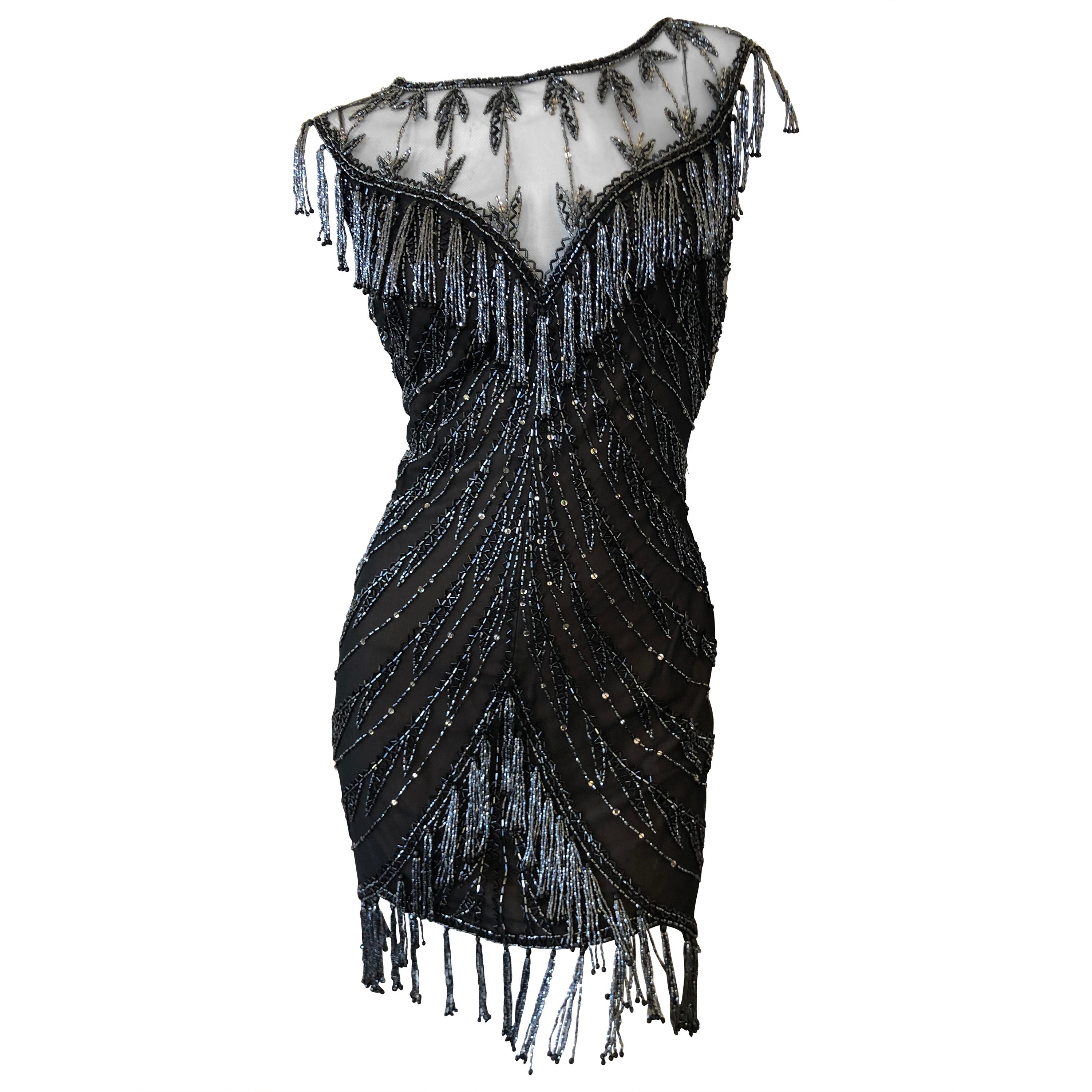 Bob Mackie Vintage 80's  Sheer Little Black Dress with Bugle Bead Fringe For Sale