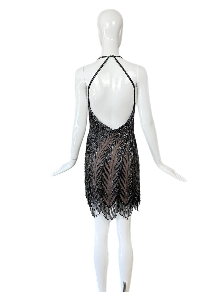 BOB MACKIE Vintage Anthracite Heavy Beaded Backless Mini Dress at 1stDibs