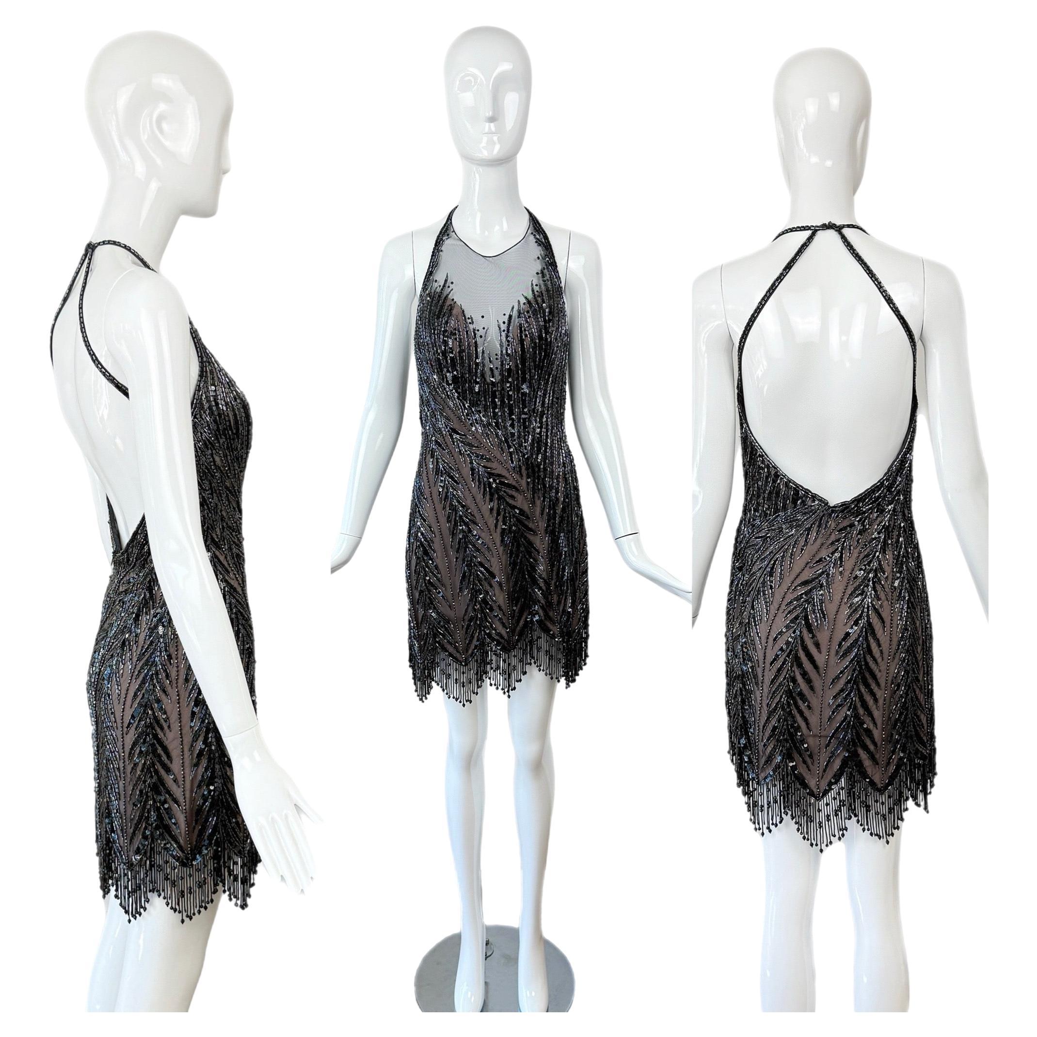 BOB MACKIE Mini robe dos nu vintage anthracite lourde perlée