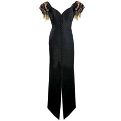 Bob Mackie Vintage Evening Gown with Puffed Sleeves & Beaded Tassels 1990 Sz 6