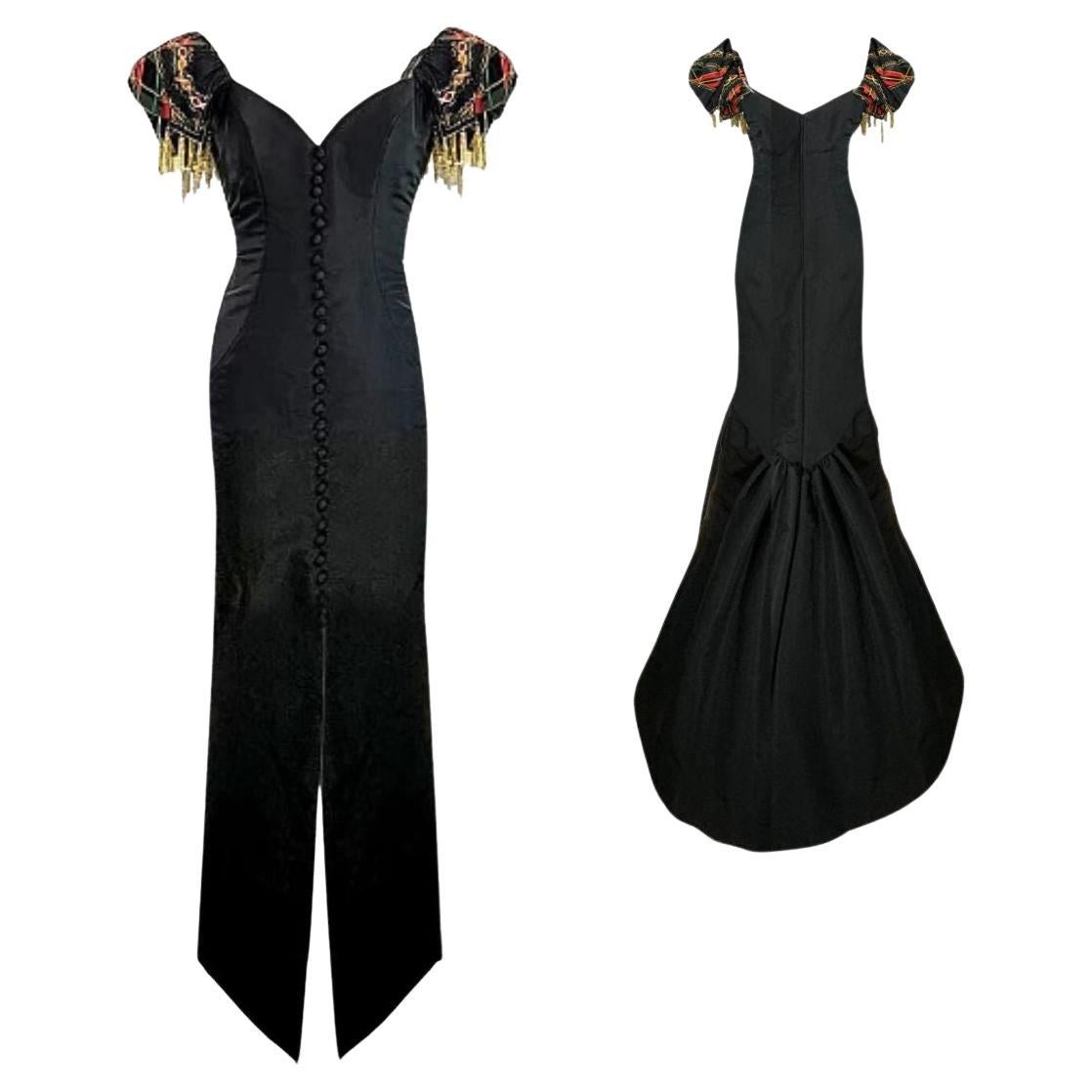 Bob Mackie Vintage Evening Gown with Puffed Sleeves & Beaded Tassels 1990 Sz 6 For Sale