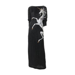 Bob Mackie Vintage Couture Black Silk Beaded Gown with Unicorn motif. c.1980s.