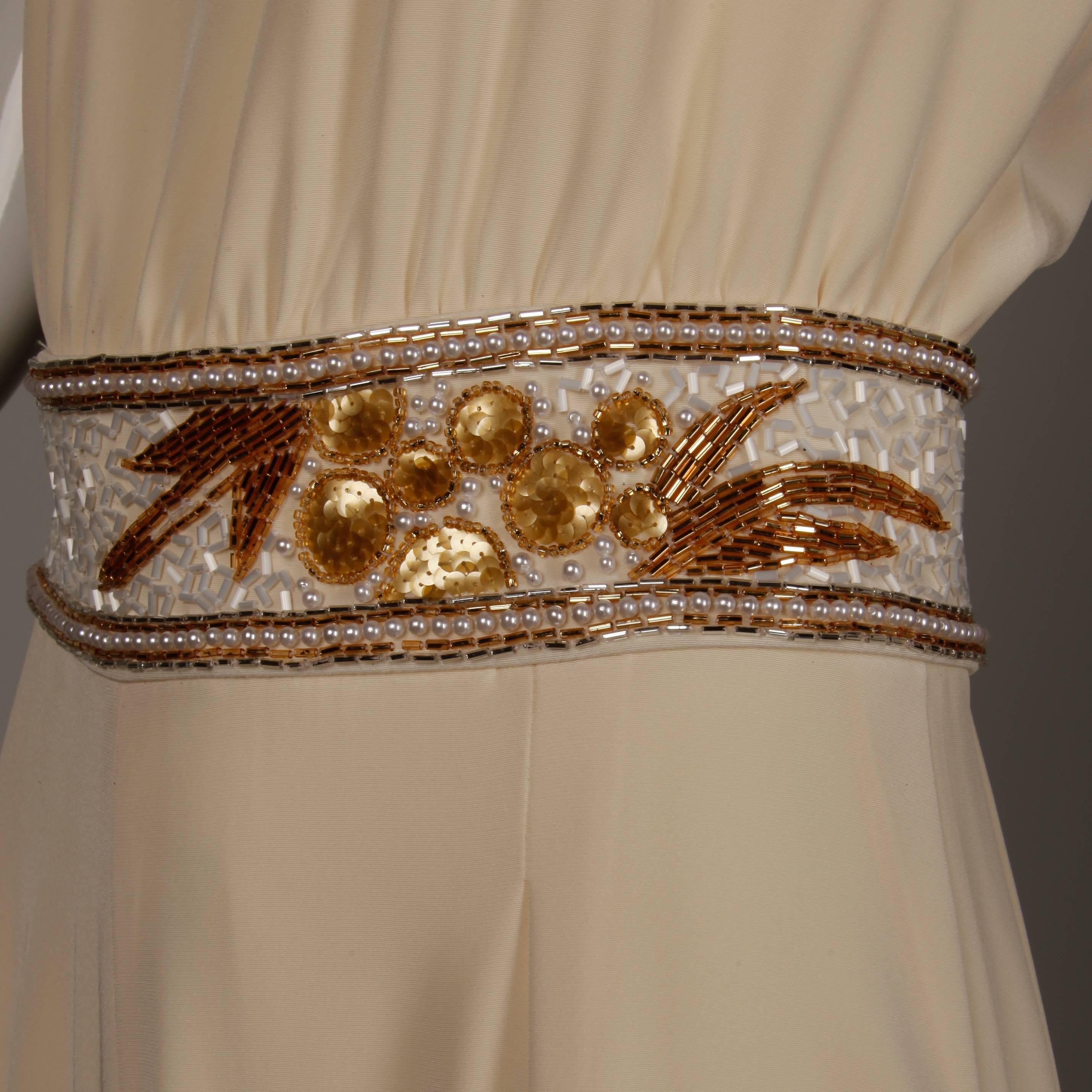 Beige Bob Mackie Vintage Cream Jumpsuit with Metallic Gold and White Beaded Waistband
