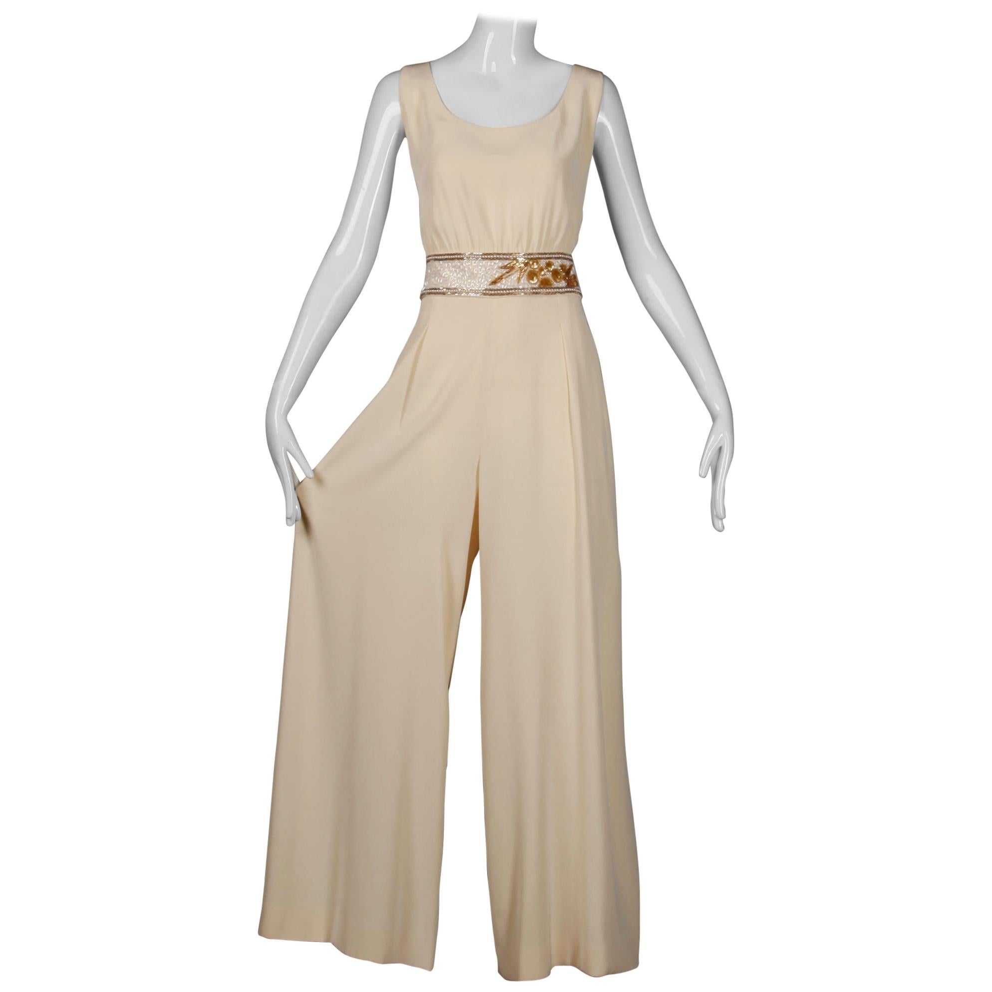 Bob Mackie Vintage Cream Jumpsuit with Metallic Gold and White Beaded Waistband
