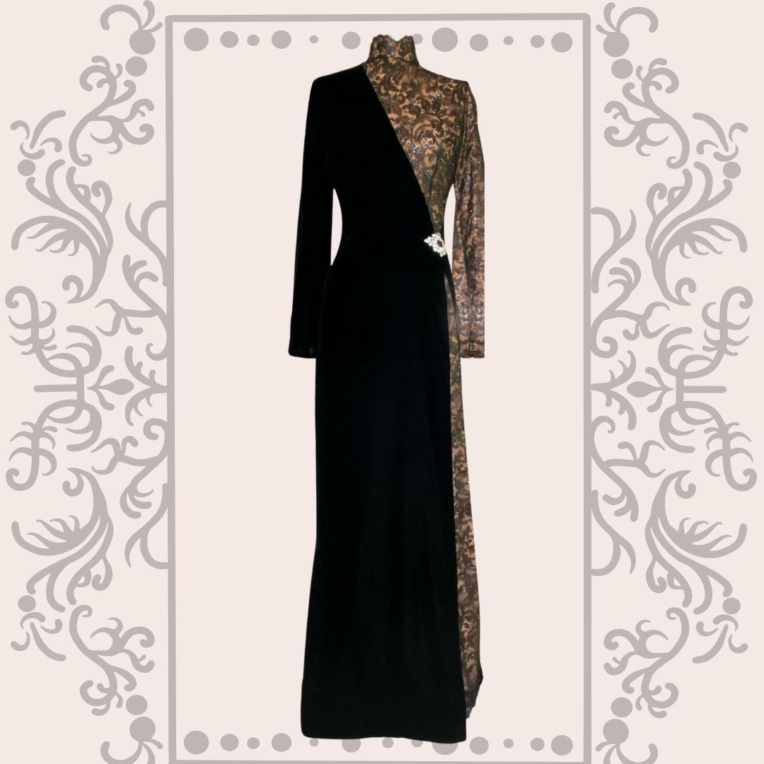 Bob Mackie - Timeless and elegant best describes this black velvet evening gown with nude and black lace inlay.  Beautifully constructed and aged as gracefully as the design.  This gown is formfitting with long sleeves and a back zipper for a secure